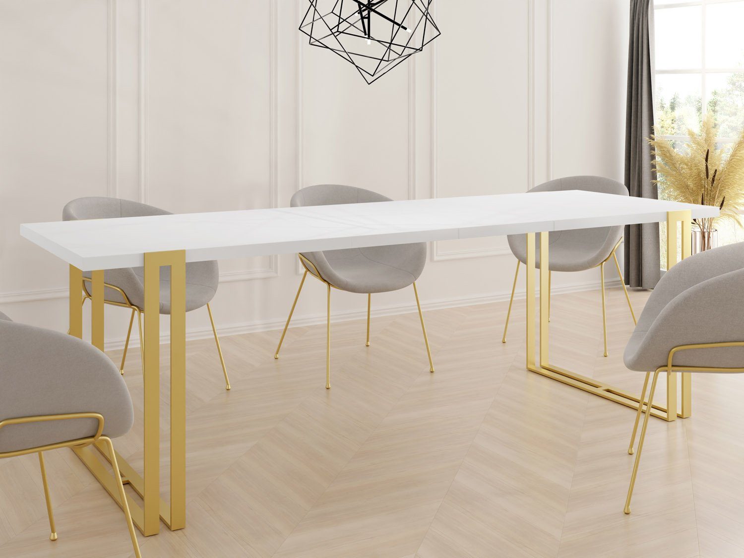 Ausziehbar Esstisch Loft-Stil GROUP im Marco Glamour Weiß Gold, mit Tisch WFL Metallbeinen