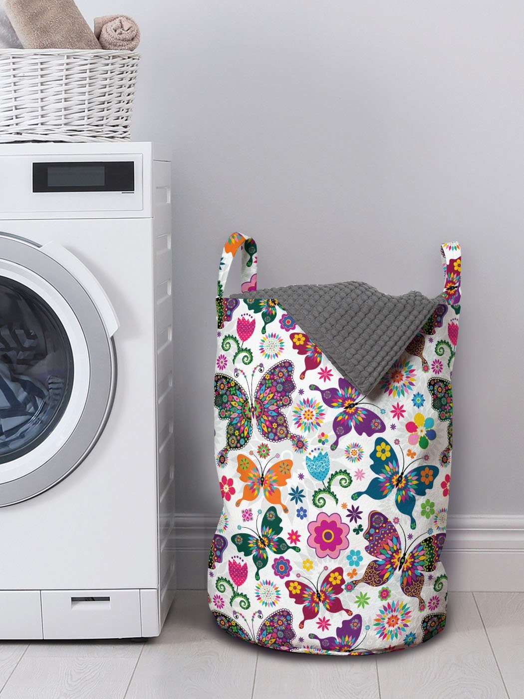 Kordelzugverschluss Griffen mit für Schmetterling Wäschekorb Abakuhaus Wäschesäckchen Waschsalons, Style Retro Ornament
