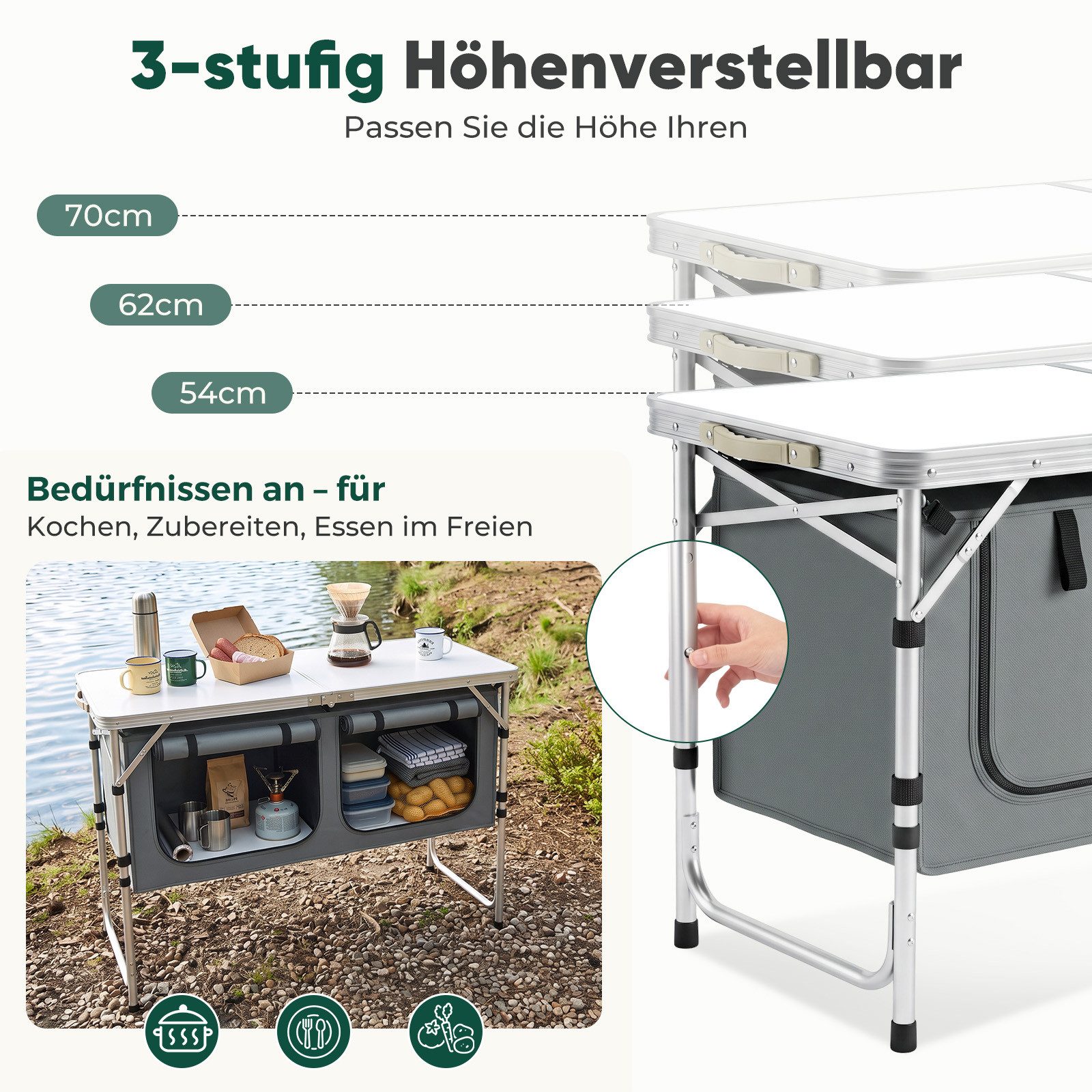 Sekey Campingtisch 120 cm Faltbar Campingtisch Höhenverstellbar Campingschrank Klappbar, Outdoor Campingküche mit Stauraum, inkl.Tragetasche 120 x 47 x 54–70cm – Bild 3 von 5