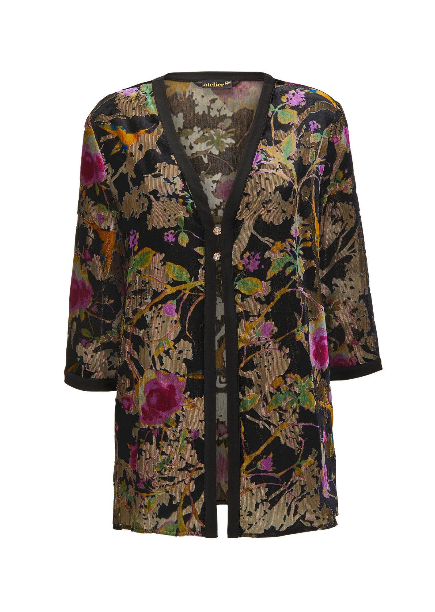 GOLDNER Blouson Ausbrennerjacke mit floralem Muster Viskosejacke in A-Linie mit 3/4-Ärmeln und Knopfverschluss