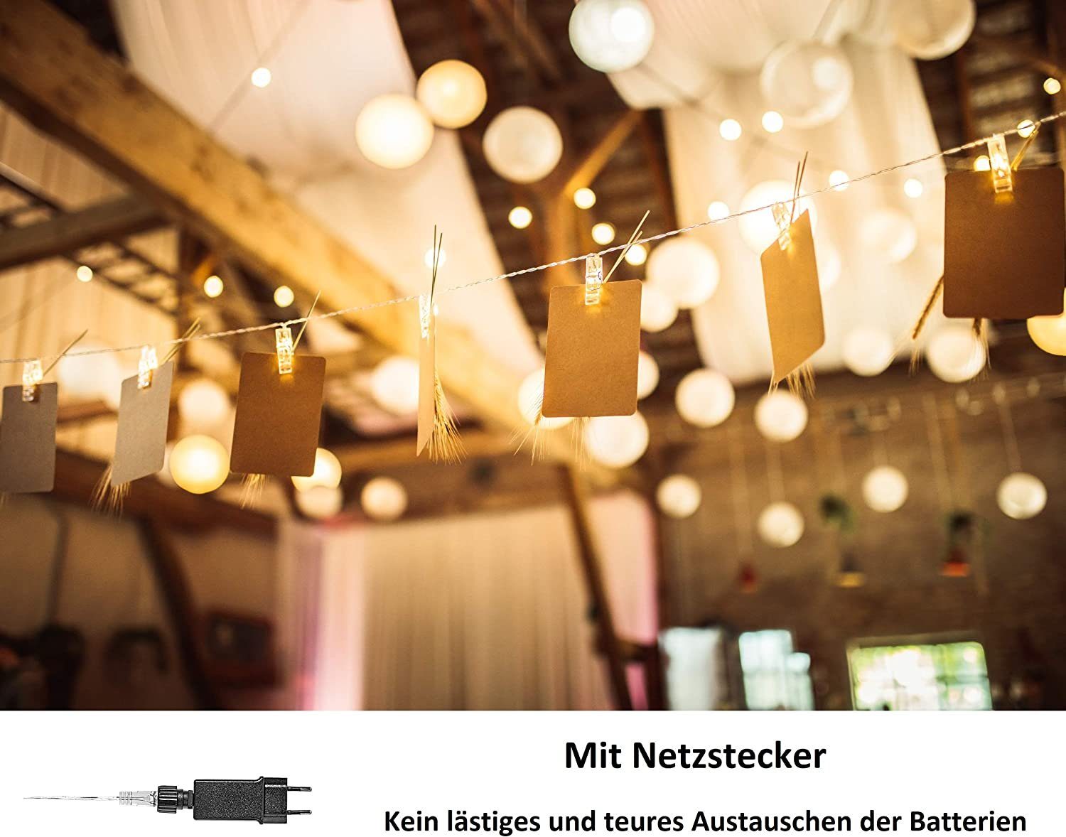 COZY HOME LED-Lichterkette Fotoclip Lichterkette - Batterie und Stecker, 30 Fotoclip LEDs I Timer-Funktion I 6 Meter I Warmweiße LED