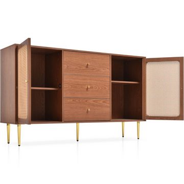 Sweiko Kommode, Sideboard mit 2 Türen und 3 Schubladen, Rattankommode, verstellbare Einlegeböden, 150x40x90cm