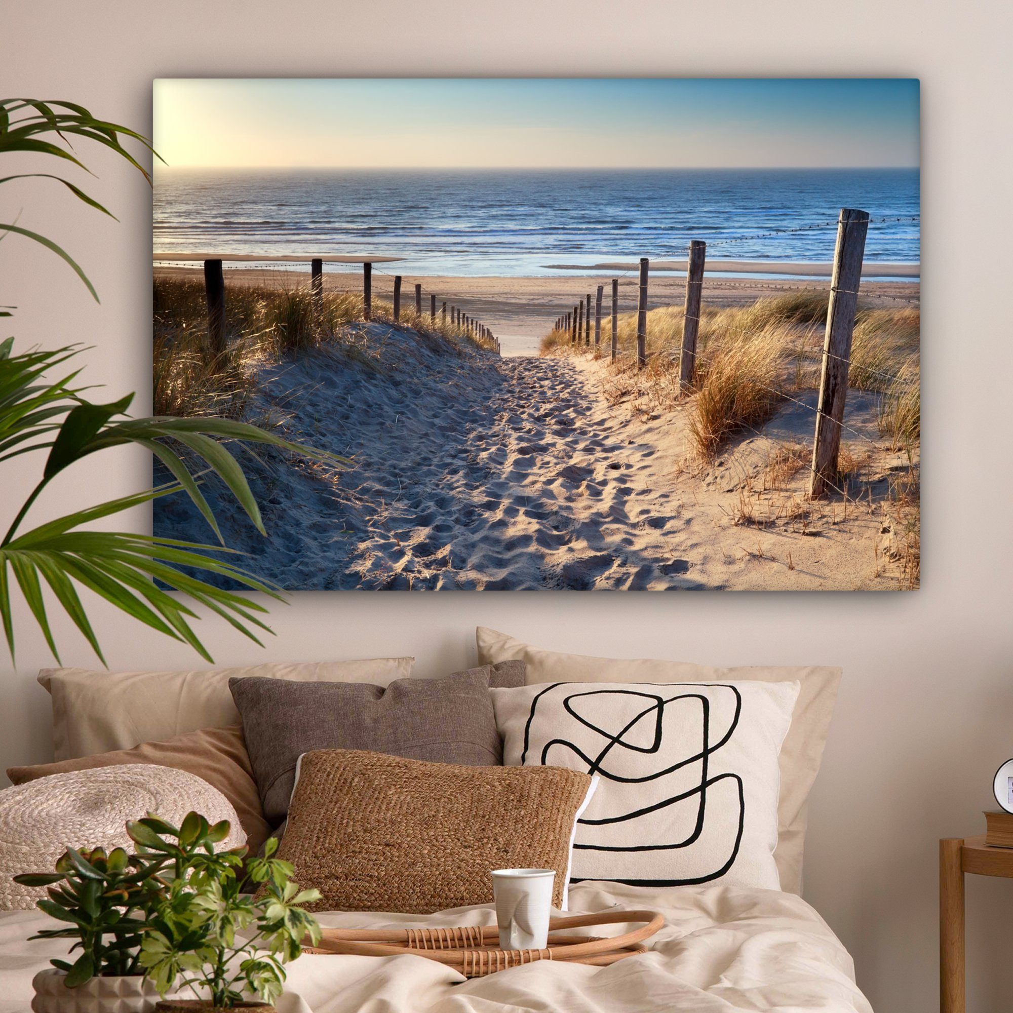 cm Wandbild Strand Meer Gemälde, großes, Wohnbereiche, - Dünen Strand Sonne, - 120x80 OneMillionCanvasses® - XXL, (1 - Leinwandbild alle Meer - für St), Niederlande