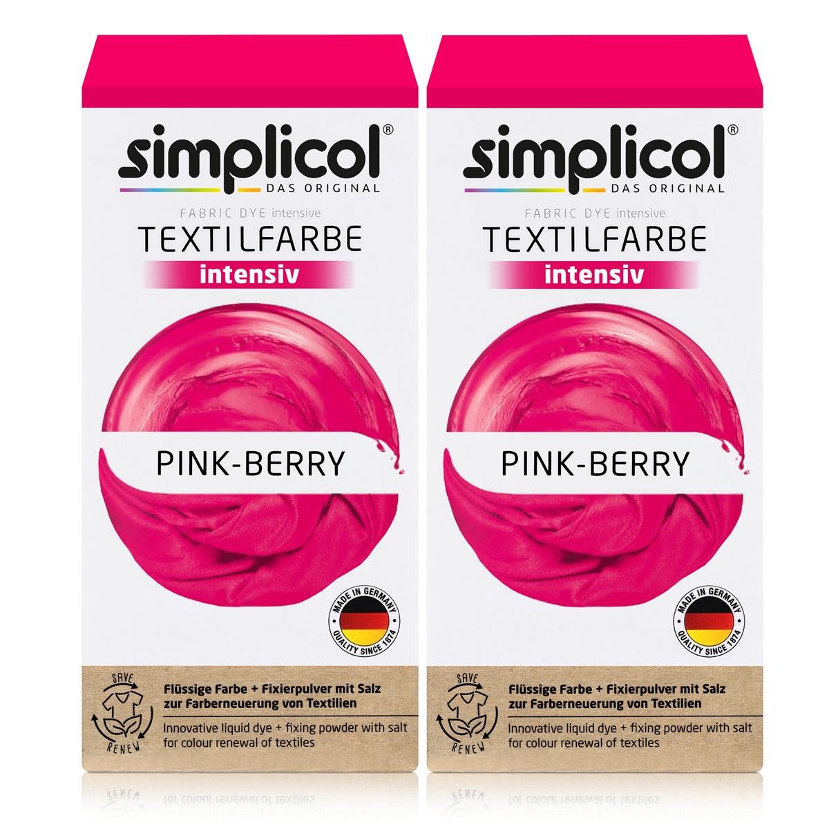 Textilfarbe Simplicol Textilfarbe intensiv Pink-Berry Flüssigfarbe, Fixierer (2er