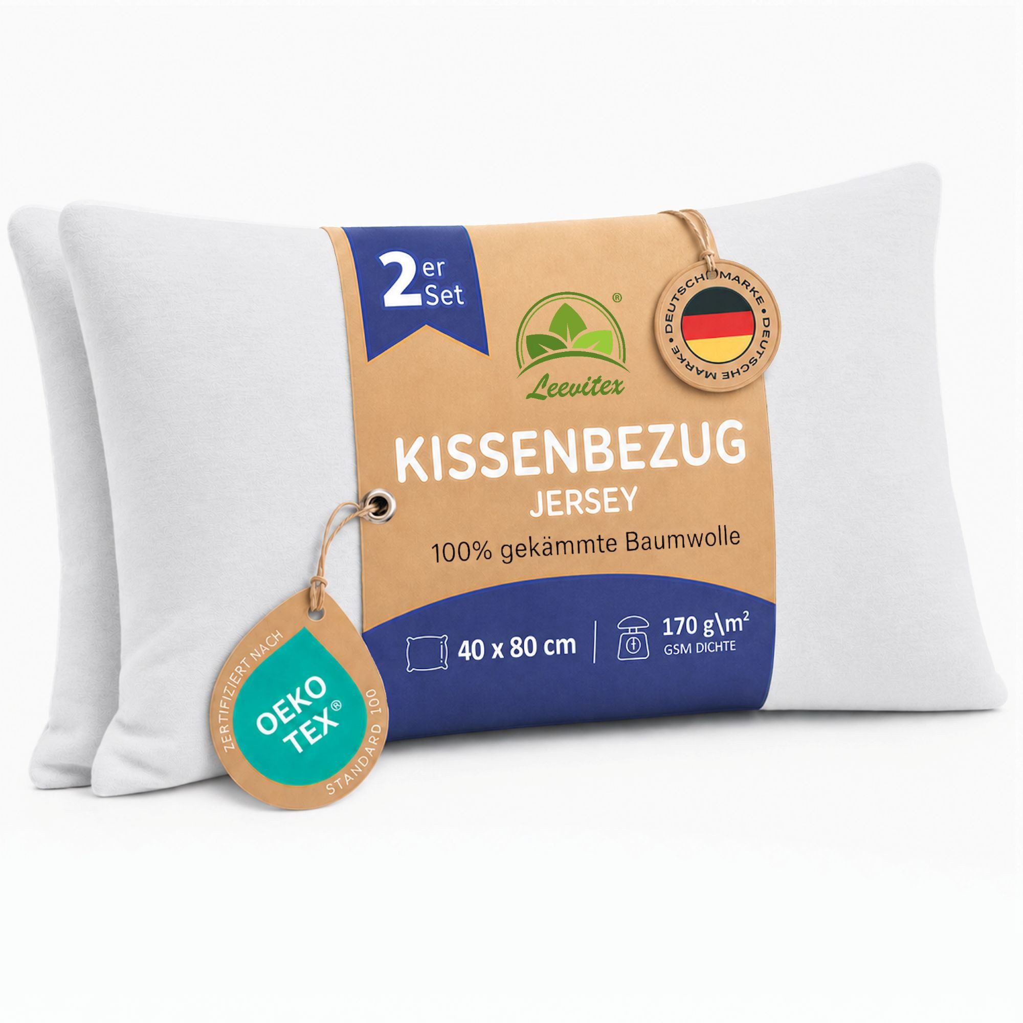 leevitex® Kissenbezüge Kissenbezug 40 x 80 cm, 2er Set, Weiß, (2 Stück), feine Jersey-Qualität, 100% Baumwolle, robuster Reißverschluss