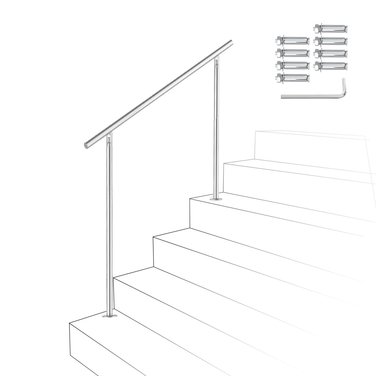 Lospitch Treppengeländer Edelstahl Handlauf 80-180cm Geländer 0-5 Querstab Bausatz Aufmontage, 80 cm Länge, mit 0 Pfosten, für Brüstung Balkon Garten