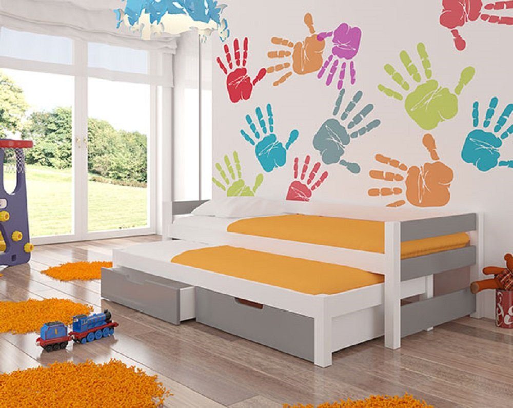 Feldmann-Wohnen Kinderbett FRAGA (mit 2 Schlafgelegenheiten), Farbe wählbar Kiefer weiß / Absetzungen: grau