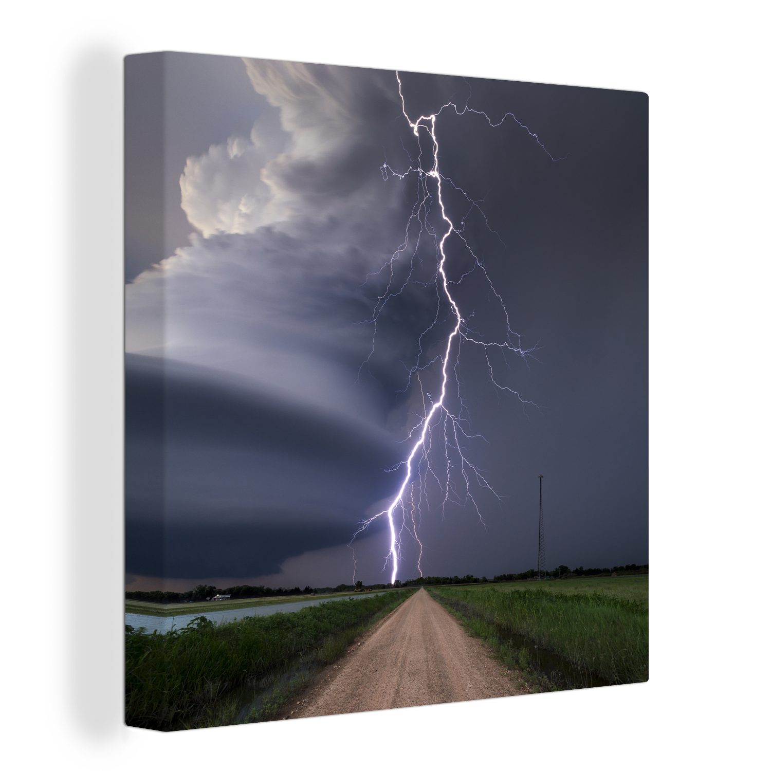 OneMillionCanvasses® Leinwandbild Blitzschlag über einem Feldweg, (1 St), Leinwand Bilder für Wohnzimmer Schlafzimmer