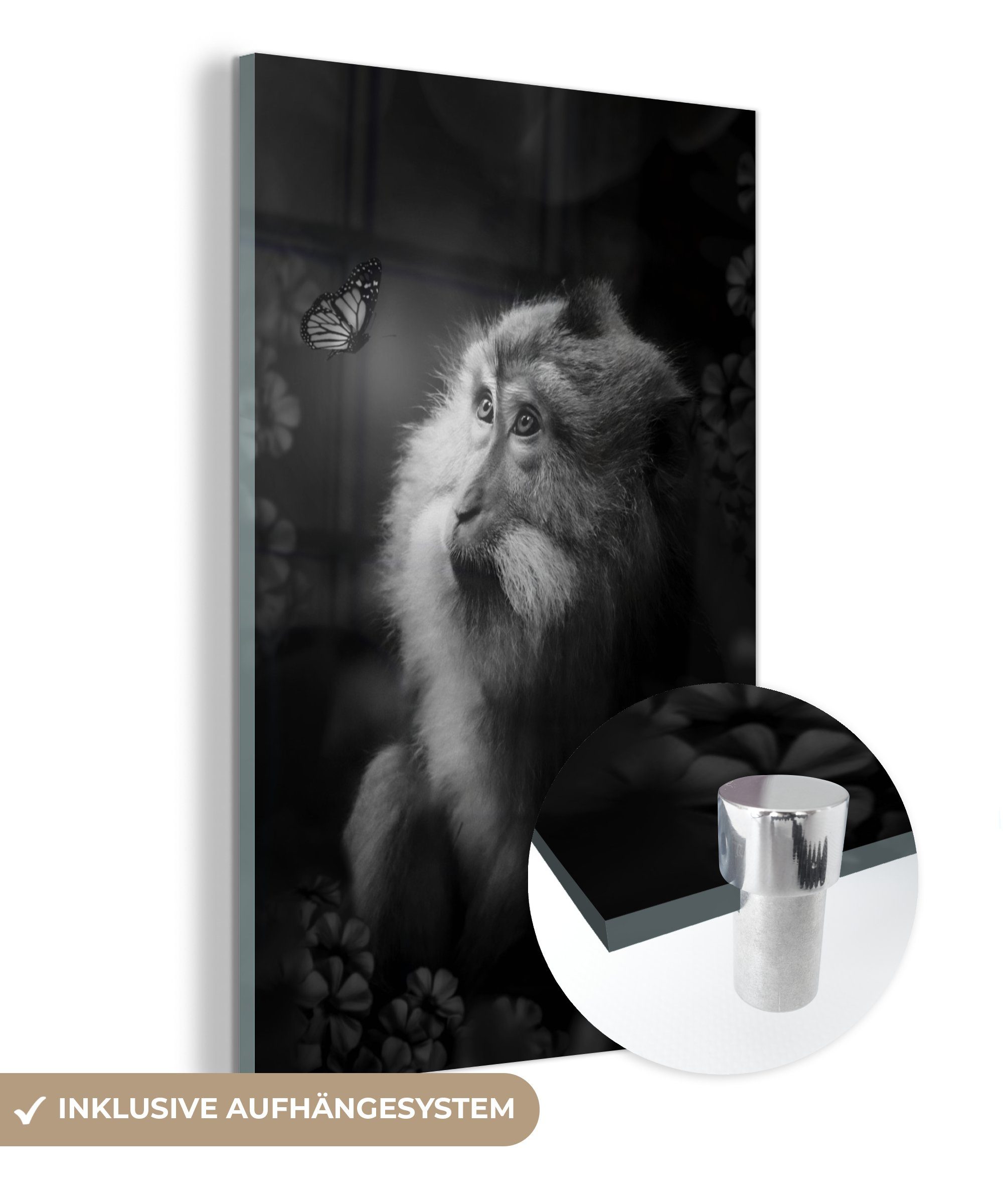 MuchoWow Acrylglasbild Porträt eines Affen und eines Schmetterlings im Dschungel - schwarz, (1 St), Glasbilder - Bilder auf Glas Wandbild - Foto auf Glas - Wanddekoration bunt