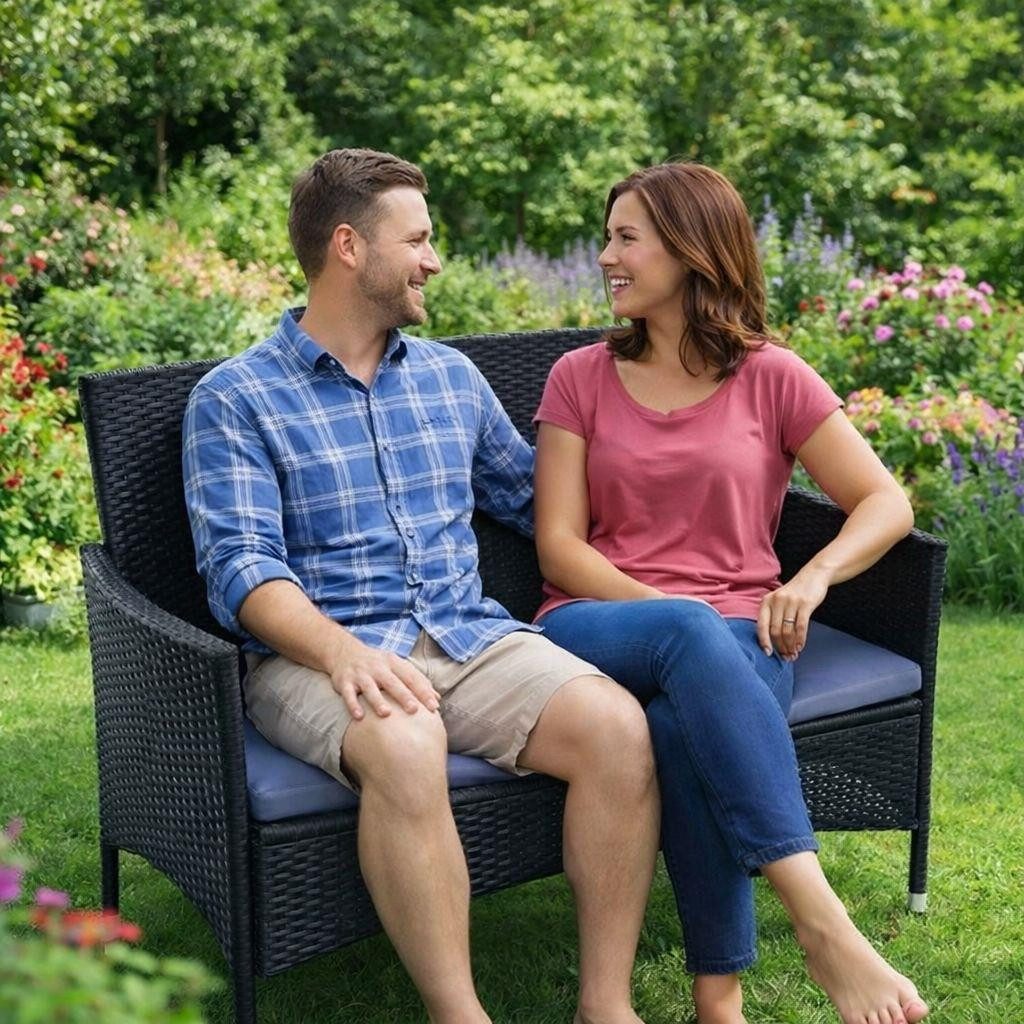 ESTEXO Gartenbank Rattan Gartenmöbel 2-Sitzer Polyrattan Sitzbank Sitzkissen Schwarz