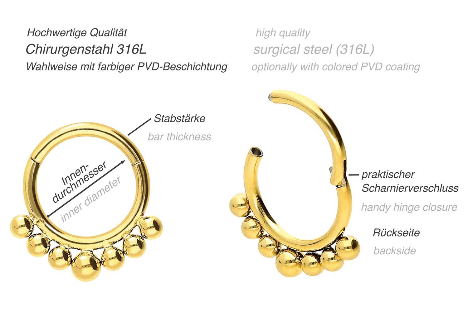 PIERCINGLINE Nasenpiercing Chirurgenstahl Segmentring Clicker 7 KUGELN Ohrpiercing Septum Nase (Clicker, 1-tlg), Ohrpiercing für Conch, Helix, Tragus, Daith, Lobe