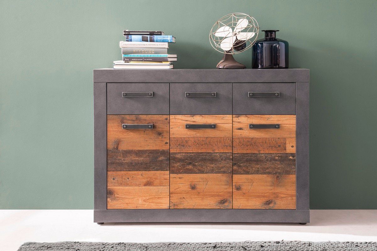 trendteam Sideboard Sideboard Kommode Indy, Old Used Wood / Matera grau, 117x86 cm