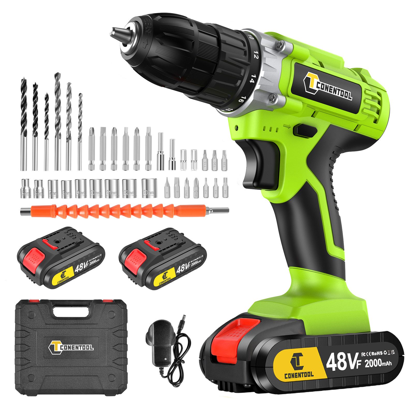 CONENTOOL Akku-Bohrschrauber Akkuschrauber Set, 2 Geschwindigkeiten, max. 1850 U/min, (Set, 36-tlg), mit 2×2000mAh Akkus, Akku Werkzeug: Leicht & Stark