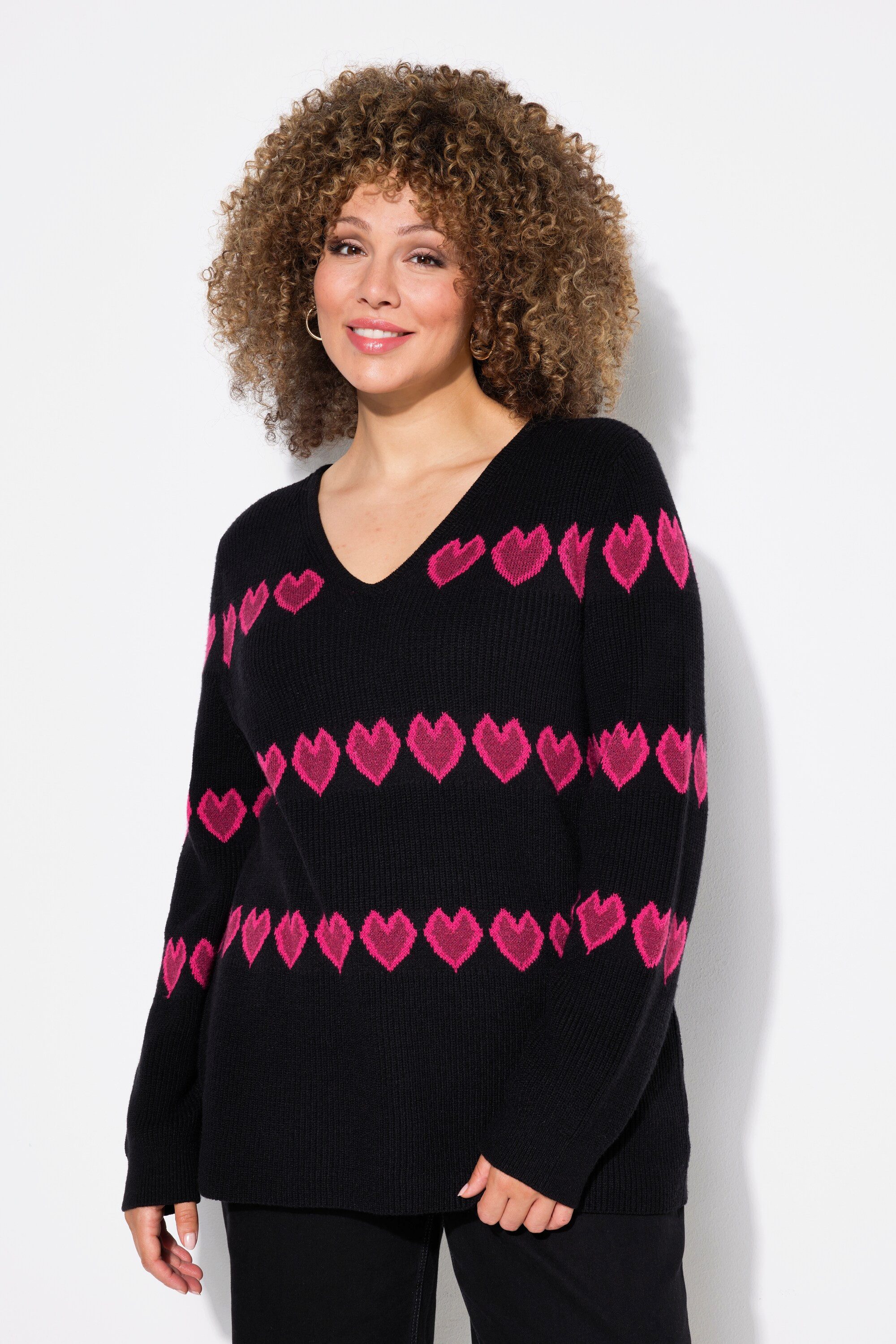Strickpullover Pullover Herzen V-Ausschnitt Langarm
