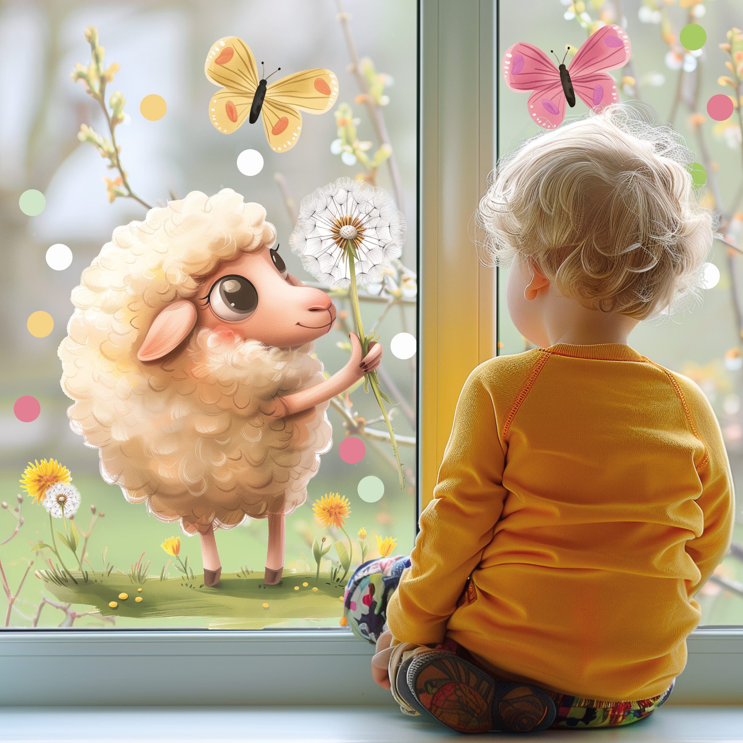 Sunnywall Fensterdekoration wiederverwendbares Fensterbild Niedliches Schaf mitPusteblume, wiederverwendbar, statisch haftend, beidseitiger Druck
