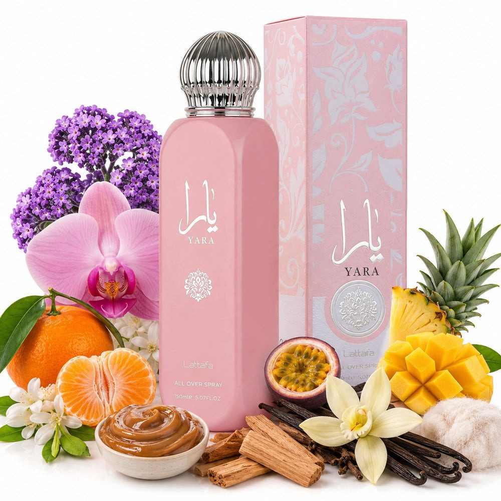 Lattafa Duft-Set Yara All Over Spray Süßer Body Spray + Parfümzerstäuber (leer) Set