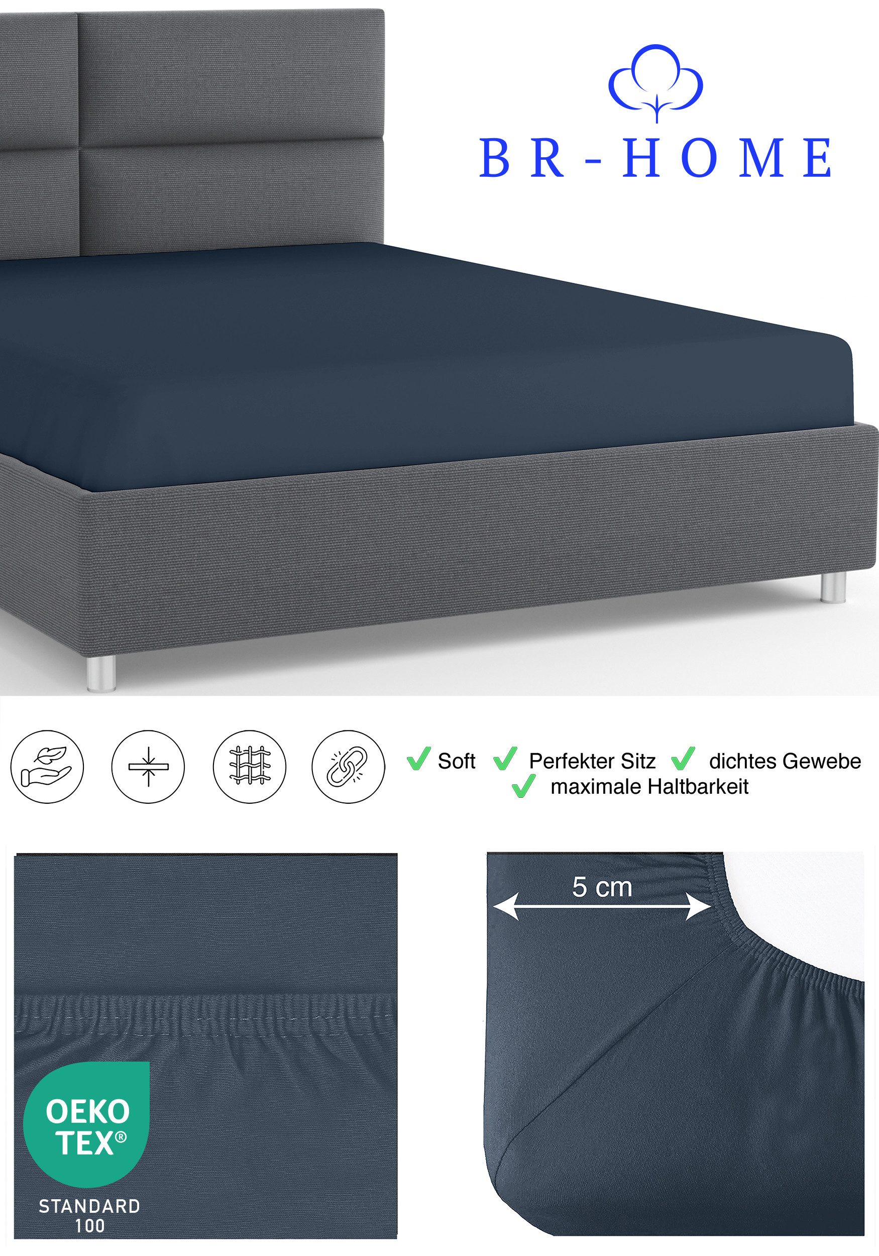 BR-Home Spannbettlaken bis zu 25cm, 100% Baumwolle Jersey Bettlaken, Spannbetttuch 145 g/m², Gummizug: rundum, (1 Stück), Rundumgummi, Atmungsaktiv – Bild 5 von 5