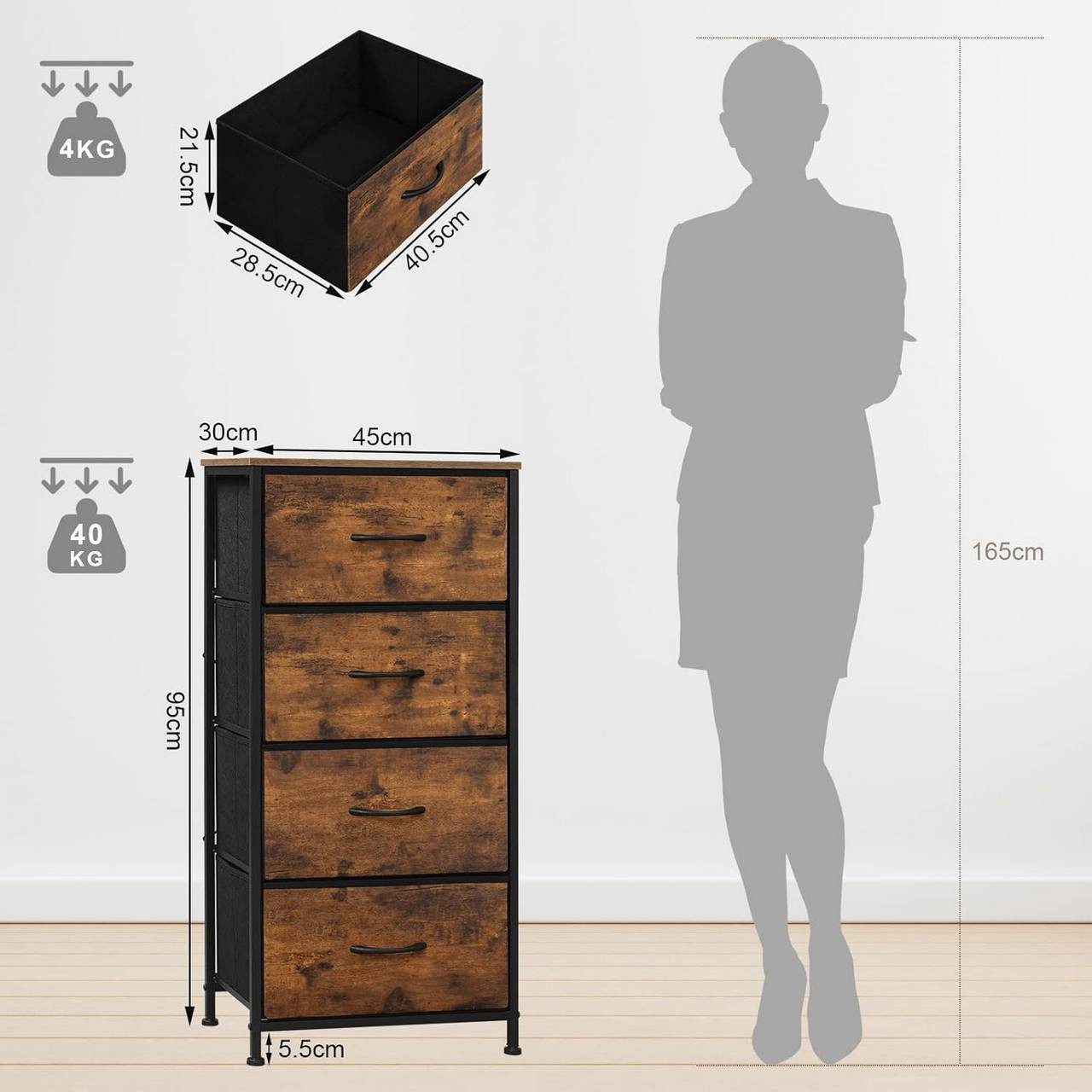 Woltu Kommode (1 St), schmal, mit 4 Schubladen aus Stoff, Sideboard