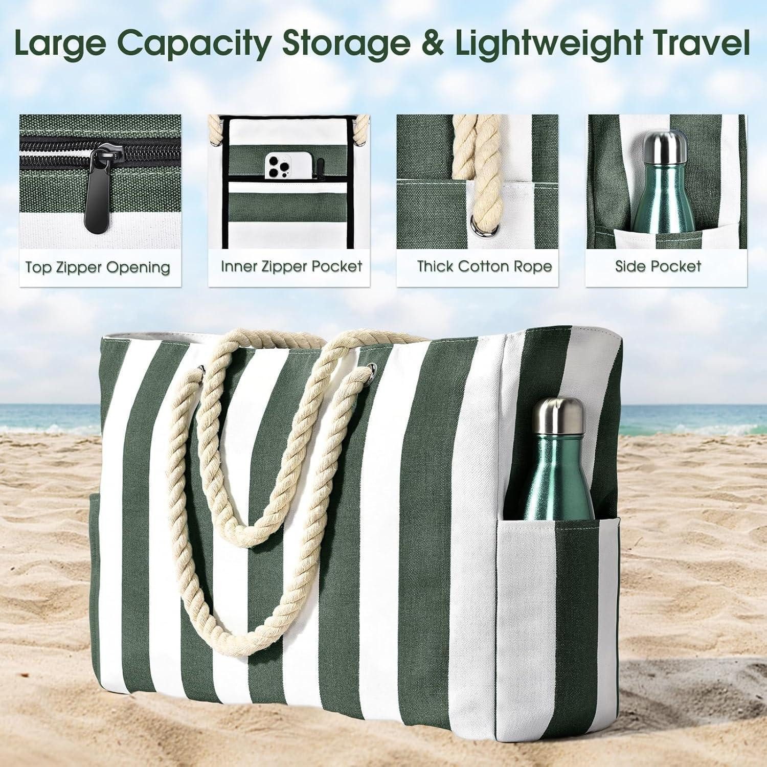 LuxusKollektion XL-Strandtasche Strandtasche XXL Wasserdicht Reißverschluss Faltbar Damen Armeegrün