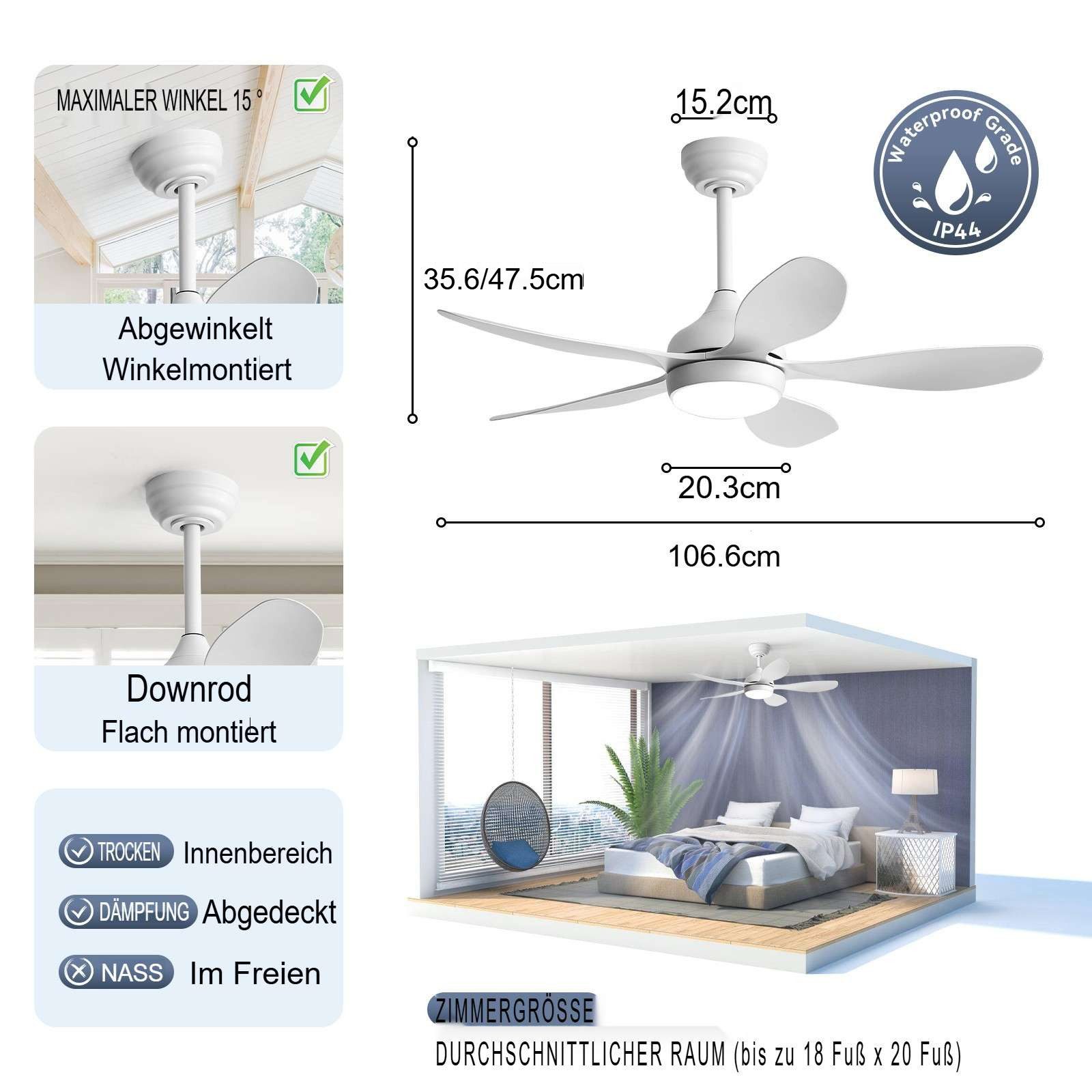 Sofucor Deckenventilator mit 18W LED-Licht, 5 ABS-Flügel, DC, 107 cm, Fernb günstig online kaufen