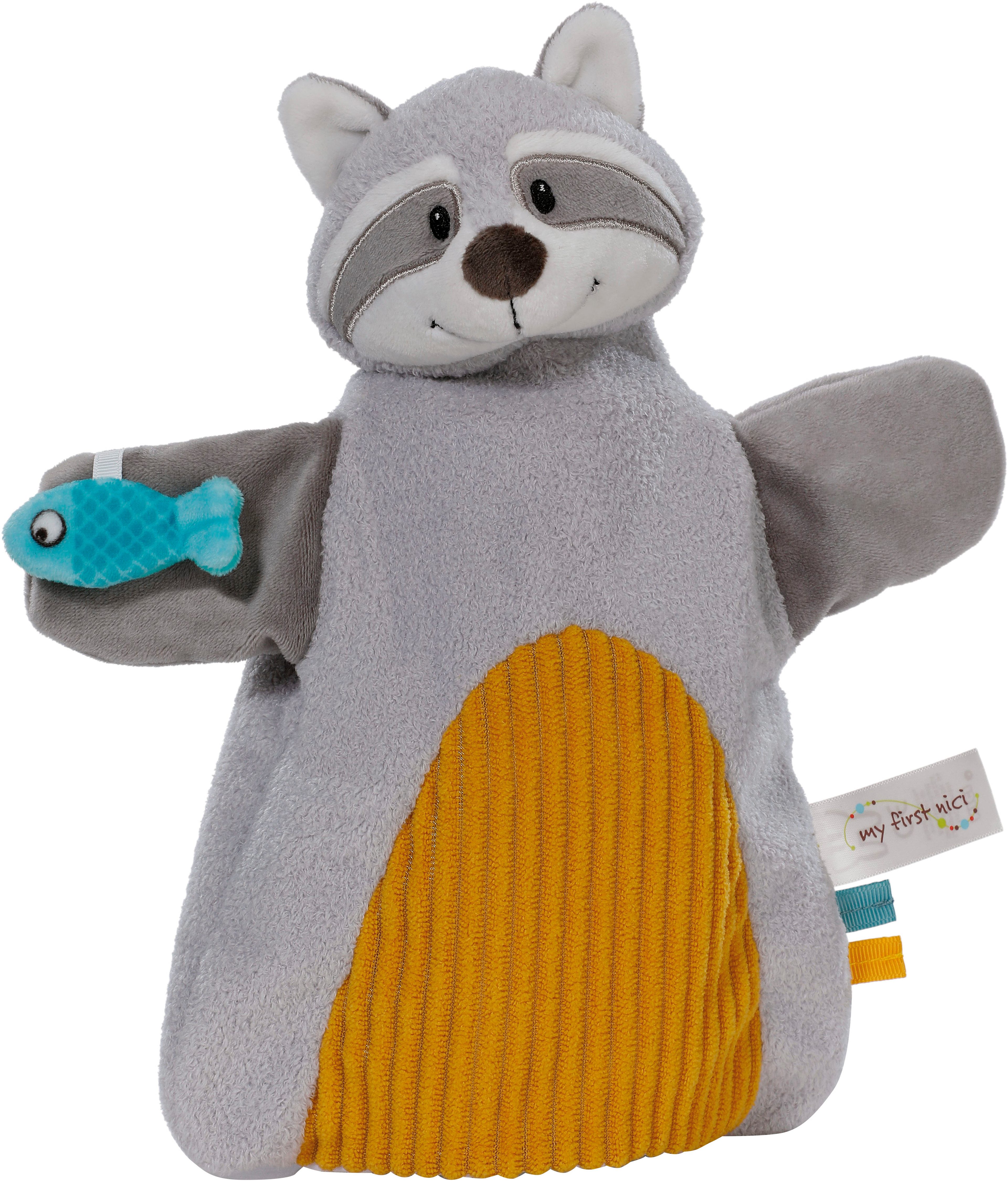 Nici Schmusetuch My first NICI, Handpuppe Waschbär 2in1 26x25 cm, sanfte Materialmix aus glattem und geripptem Plüsch