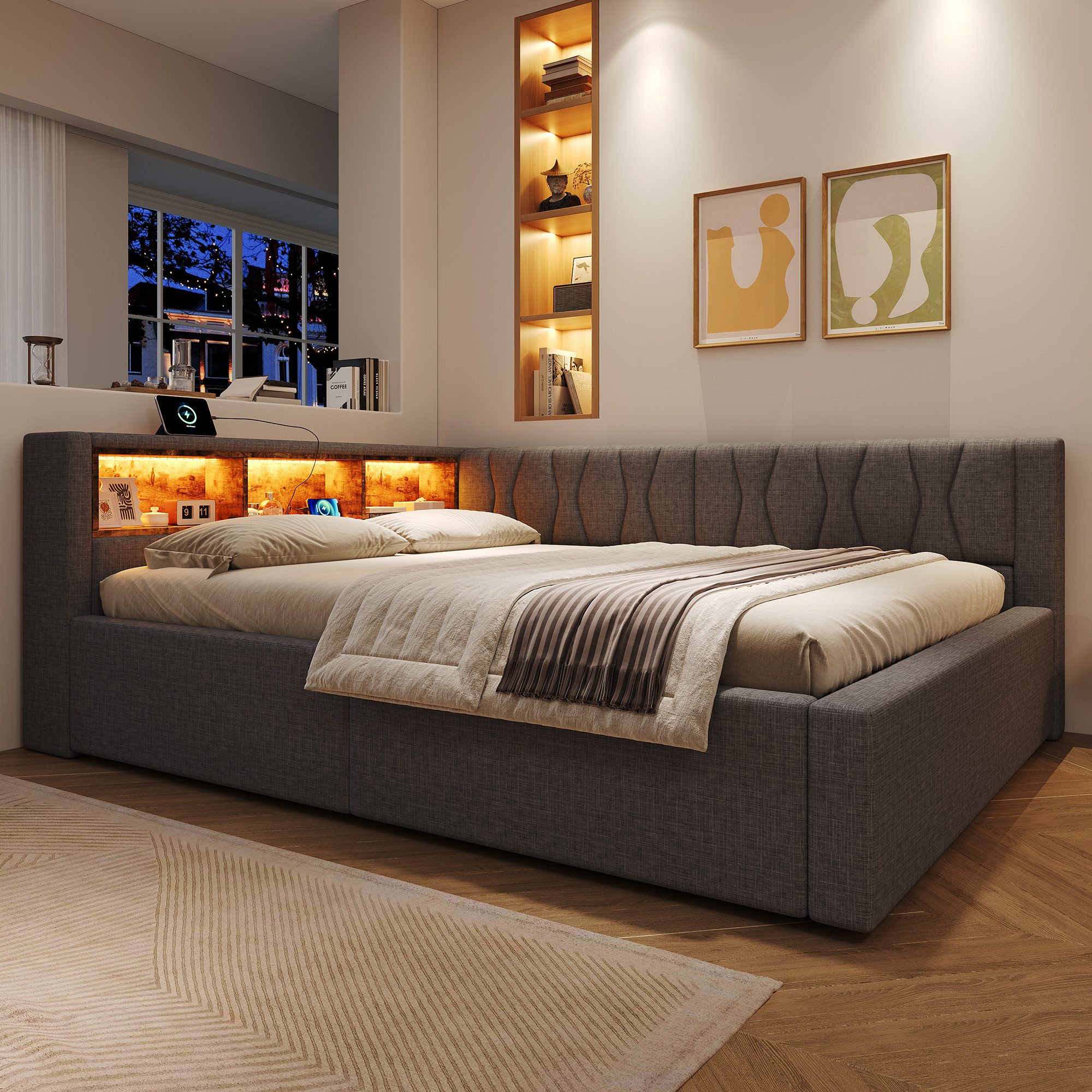 SOFTWEARY Schlafsofa mit RGB LED-Streifen und Stauraum, mit Lattenrost, Regal, Rückenlehne, Aufbewahrung, Type-C und USB, Polsterbett, Einzelbett, Tagesbett, Daybett, 140x200 cm, Leinen