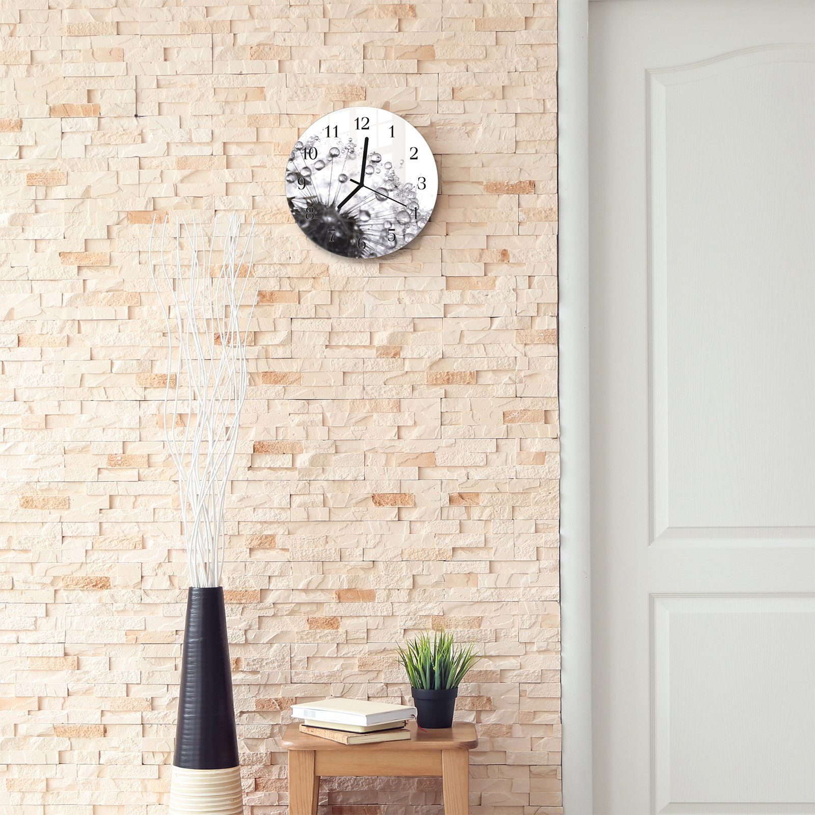 Pusteblume mit Quarzuhrwerk cm Wanduhr Wanduhr aus mit 30 Primedeco und Rund Motiv - Durchmesser Glas