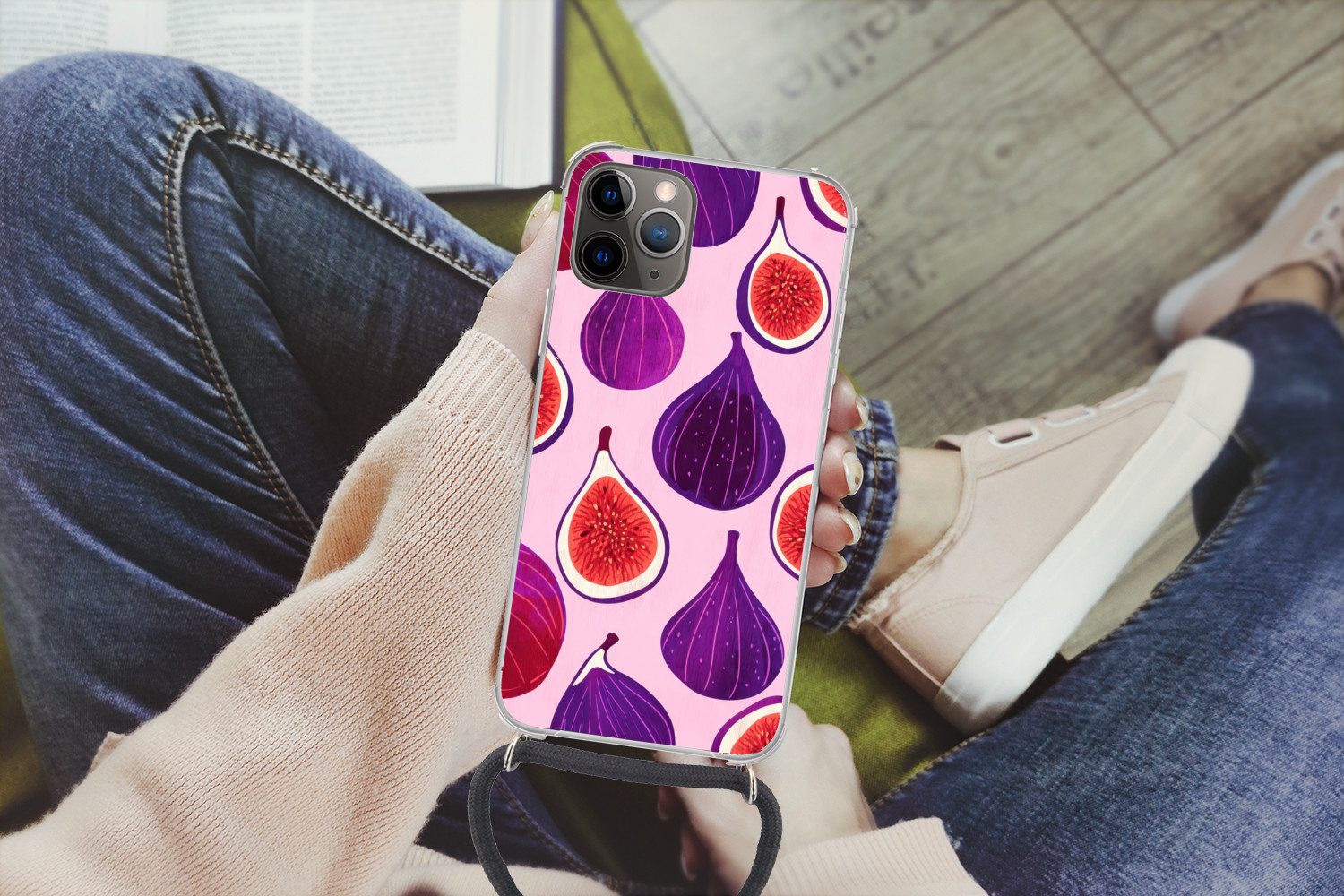 MuchoWow Handyhülle für Apple iPhone 13 Pro Max Feigen - Rosa - Lila, Tragbare Handyhüllen mit Kette zum umhängen, Handykette Handyband