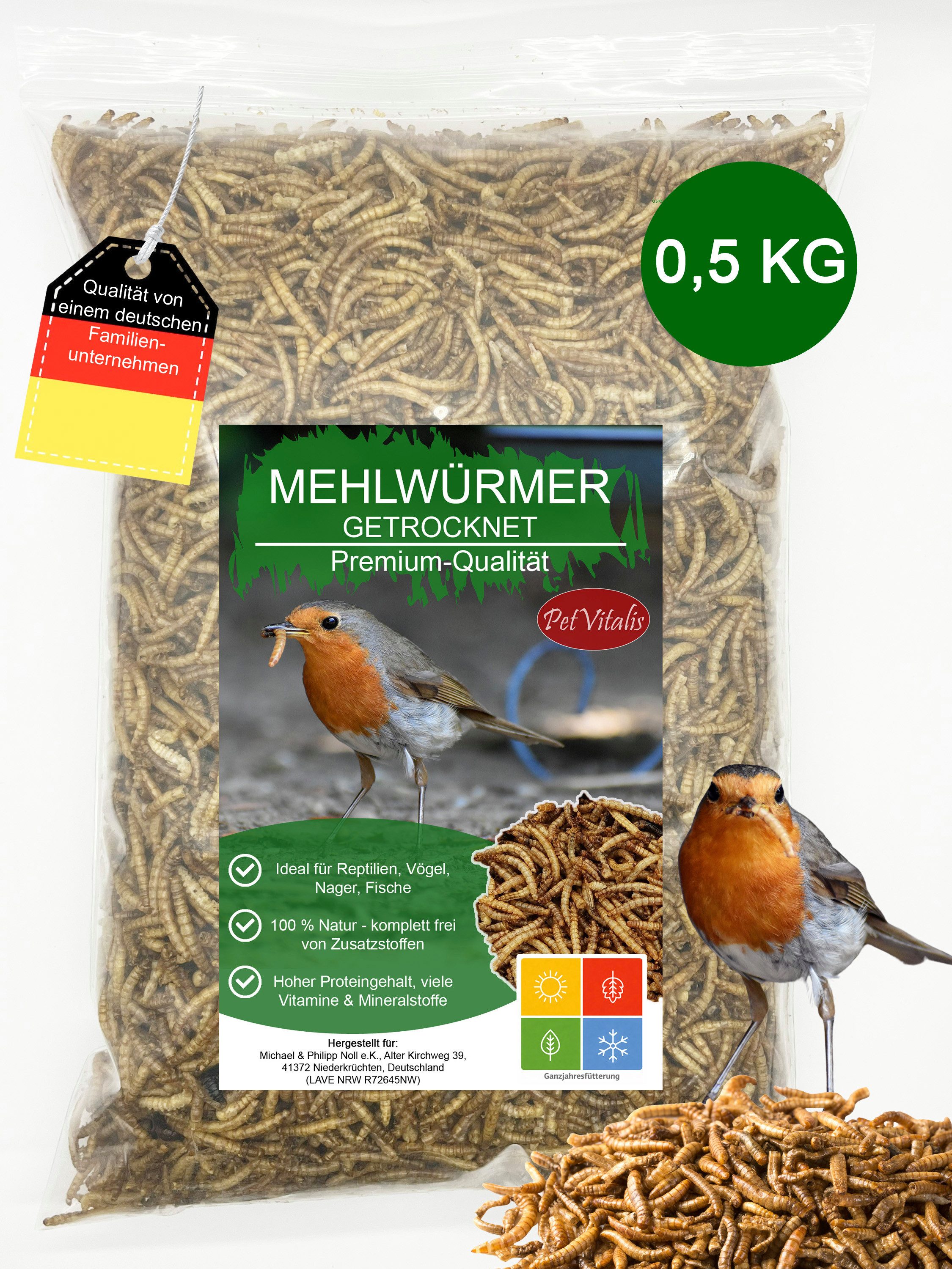 PetVitalis Getrocknete Mehlwürmer – Einzelfuttermittel als Vogelfutter-Ergänzung, Ergänzungsfutter für: Meerschweinchen, Schildkröten, Wildvögel, Reptilien, Fische, Eichhörnchen, Igel, Nager