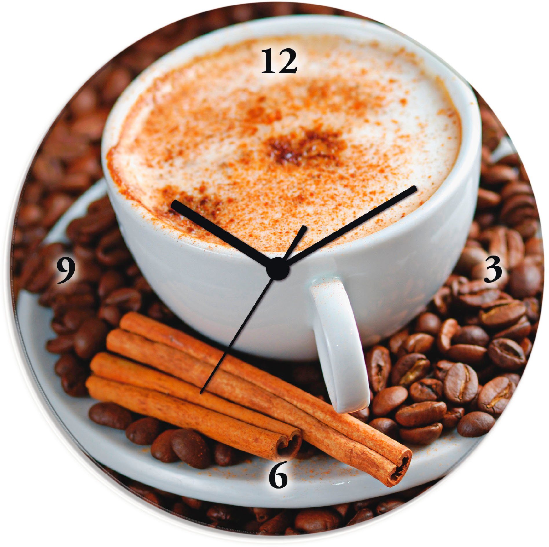 Artland Wanduhr Cappuccino - Kaffee (wahlweise mit Quarz- oder Funkuhrwerk, lautlos  ohne Tickgeräusche), Analoge runde Funk- oder Quarzuhr aus 4mm Float-Glas