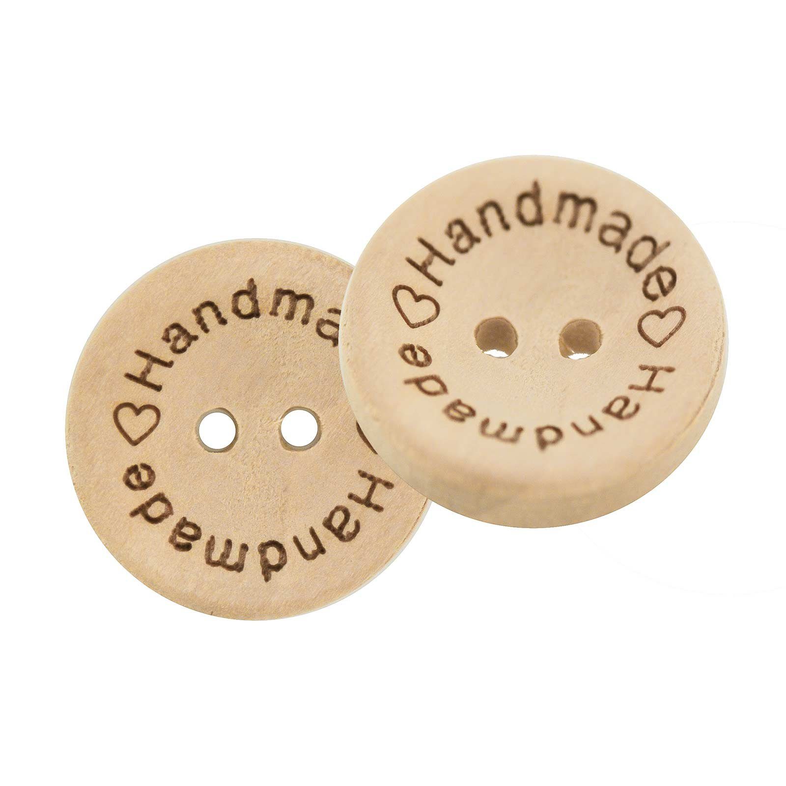 maDDma Knopf 100 Holzknöpfe, 2-Loch, Motiv Handmade mit Herzen, naturfarben, 25mm