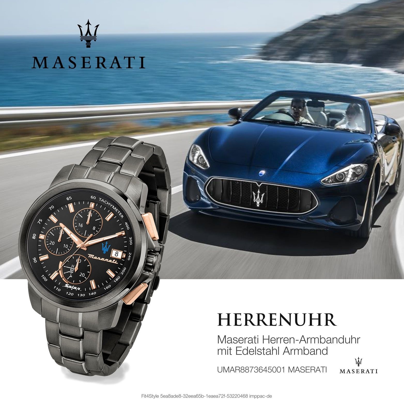 rundes MASERATI schwarz Maserati 44mm) Herrenuhr (ca. Chronograph, Edelstahlarmband, Gehäuse, groß Edelstahluhr Chronograph
