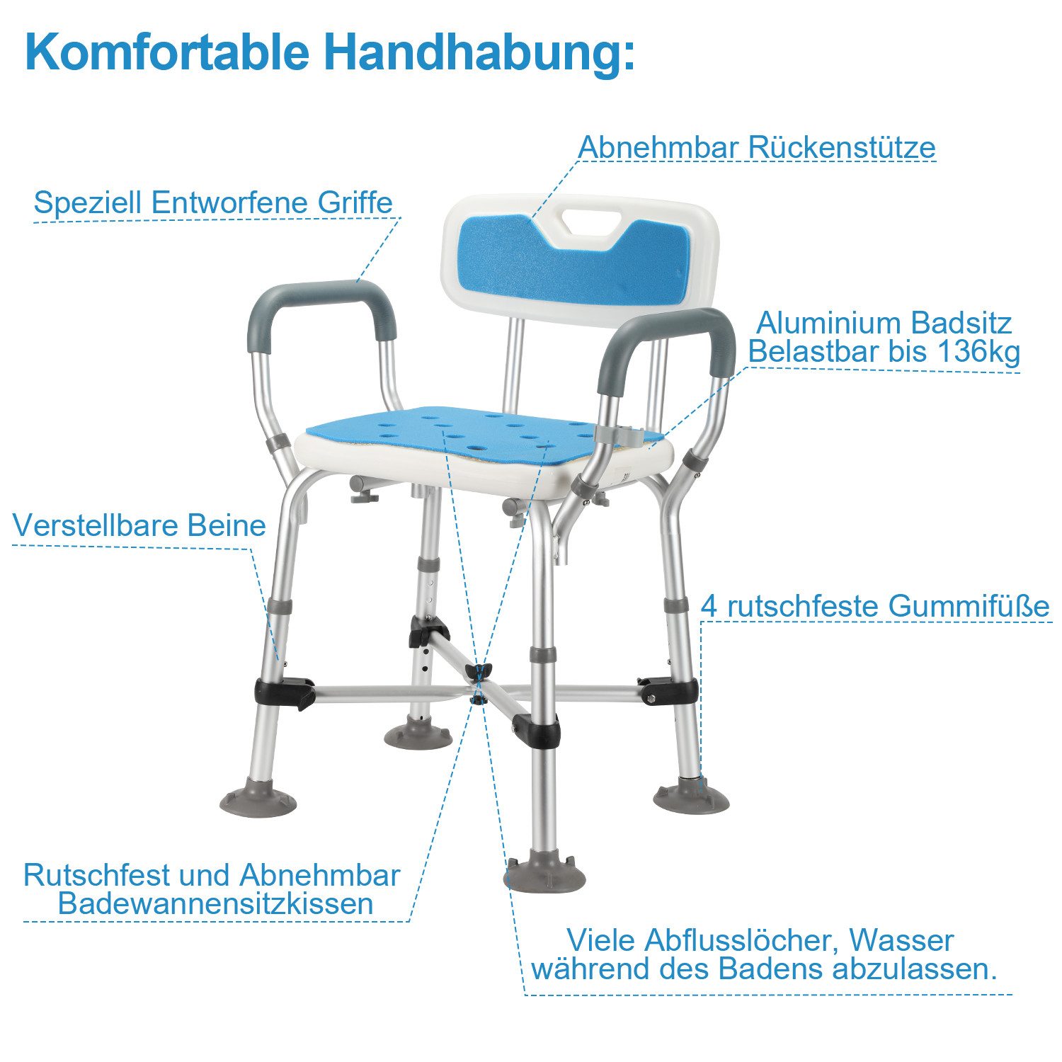 Clanmacy Duschhocker Duschhocker Höhenverstellbarer Badhocker Duschstuhl Badestuhl, belastbar bis 180 kg