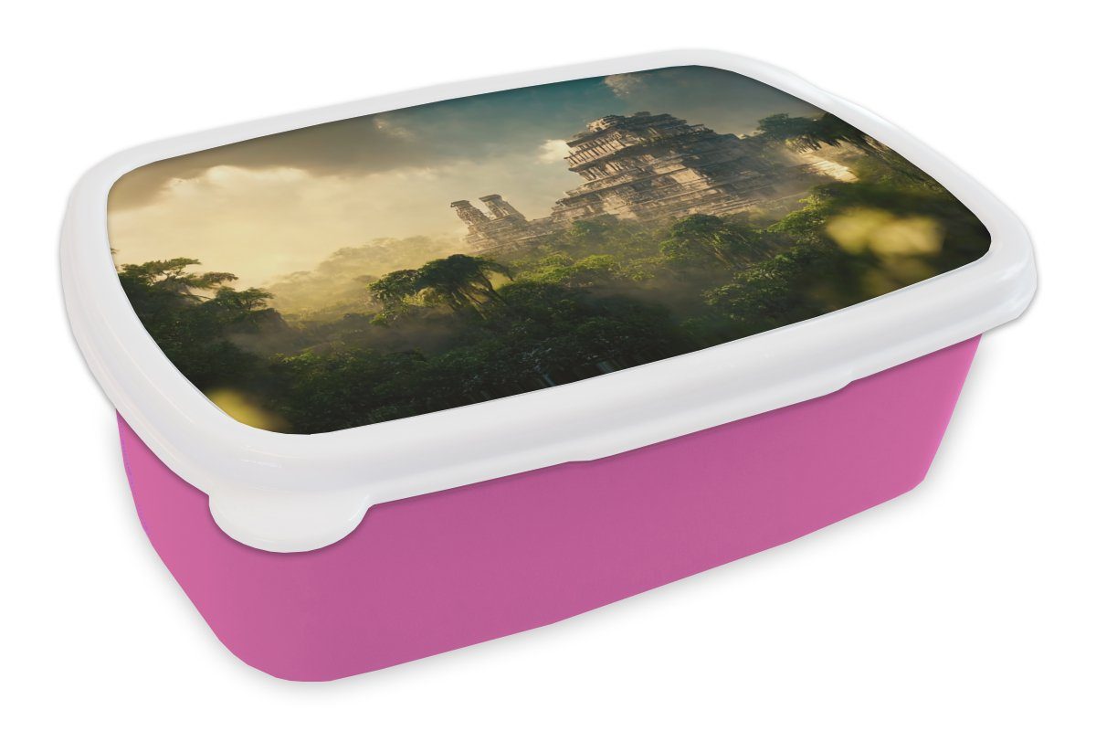 rosa Kunststoff, Tempel Kunststoff Snackbox, - Brotbox MuchoWow - Mädchen, Erwachsene, (2-tlg), für - - Natur, Kinder, Wolken Himmel Brotdose Lunchbox Dschungel