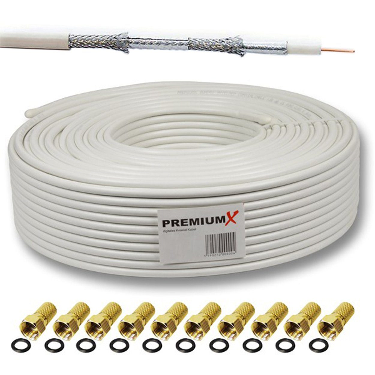 PremiumX 25m DELUXE Koaxial Kabel 135dB 4-Fach Innenleiter Kupfer SAT F-Stecker SAT-Kabel