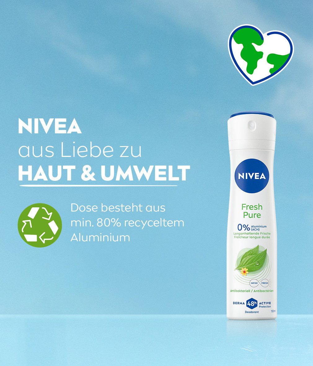 Nivea Deo-Spray Deodorant Fresh Pure Deo Spray 6 x 150ml, Packung, 6-tlg., mit 48H Trockenschutz