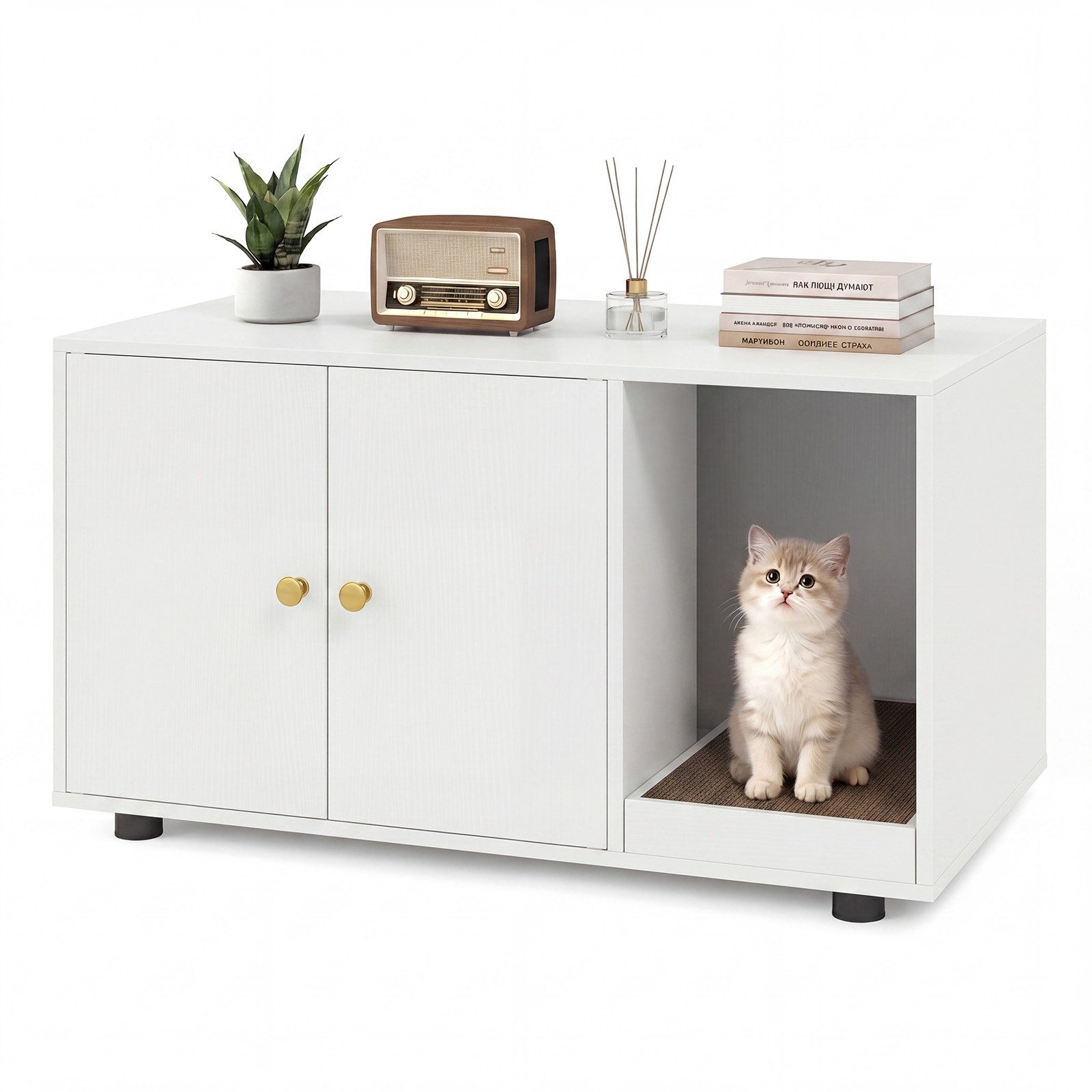 COSTWAY Tierhaus Katzentoilette, Katzenhaus, Beistelltisch, Katzenklo-Schrank mit 2 Türen