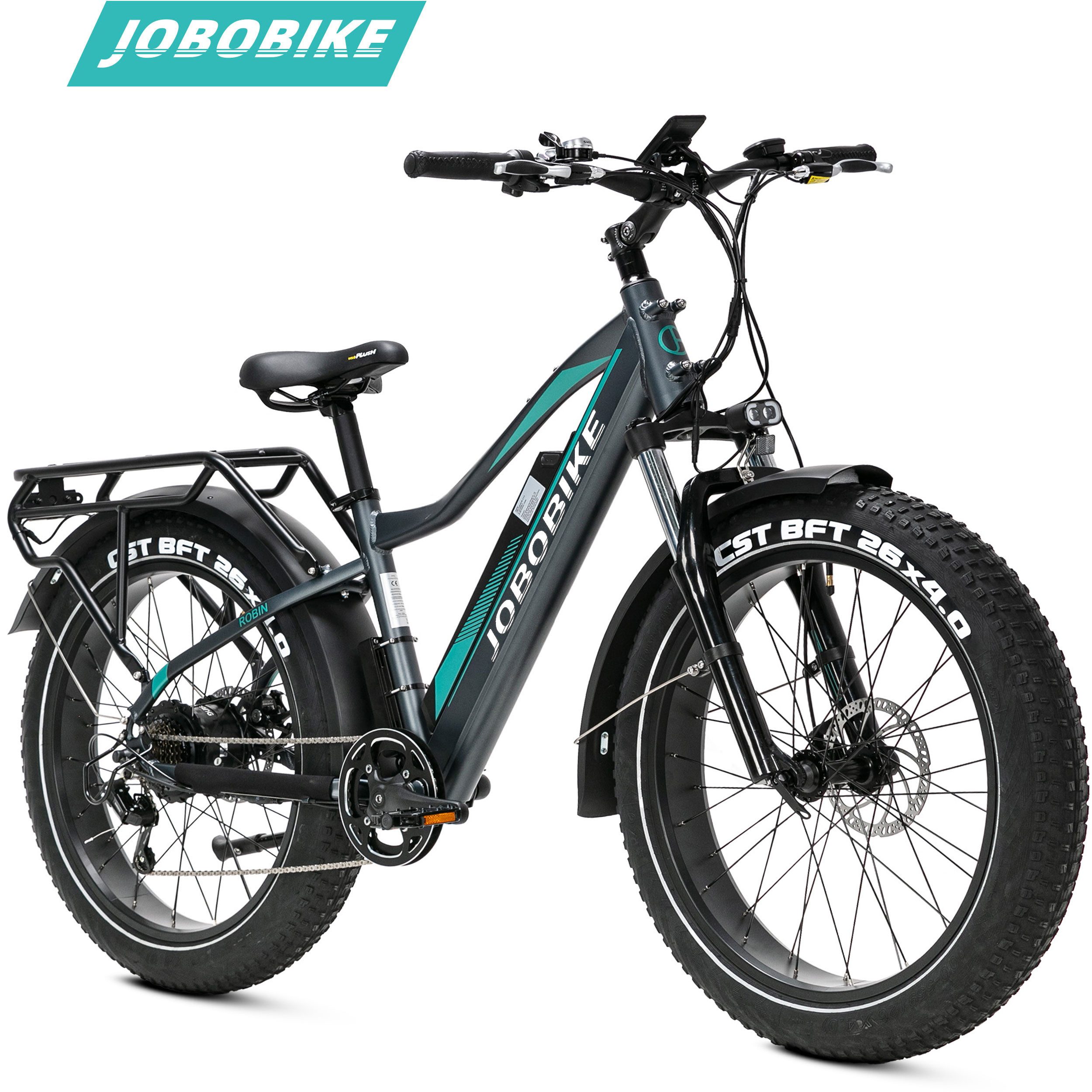 JOBOBIKE E-Bike Mountainbike 26 Zoll für Damen Herren, MTB Robin, 624 Wh, max. 130km, Shimano, Kettenschaltung, Heckmotor, 624 Wh, (mit 5 Stufen, Diamantrahmen, hydr. Scheibenbremsen), 26x4'' Fat Tire MTB, max. 130 kg, Elektrofahrrad für 165-200cm