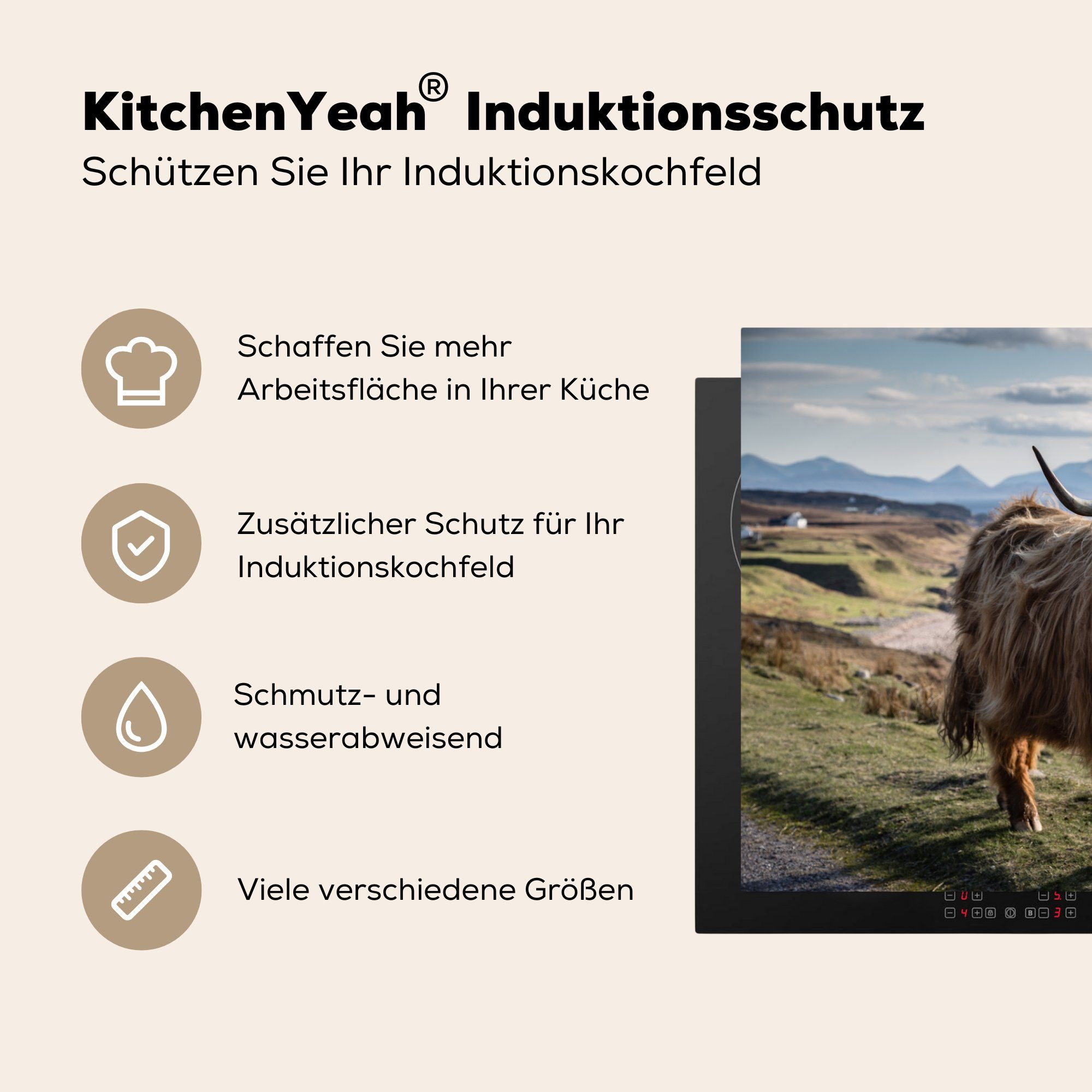 Schottische Induktionskochfeld Herdblende-/Abdeckplatte - küche, für 81x52 Vinyl, tlg), die cm, Bergen Highlander (1 Ceranfeldabdeckung Schutz MuchoWow - Meer,
