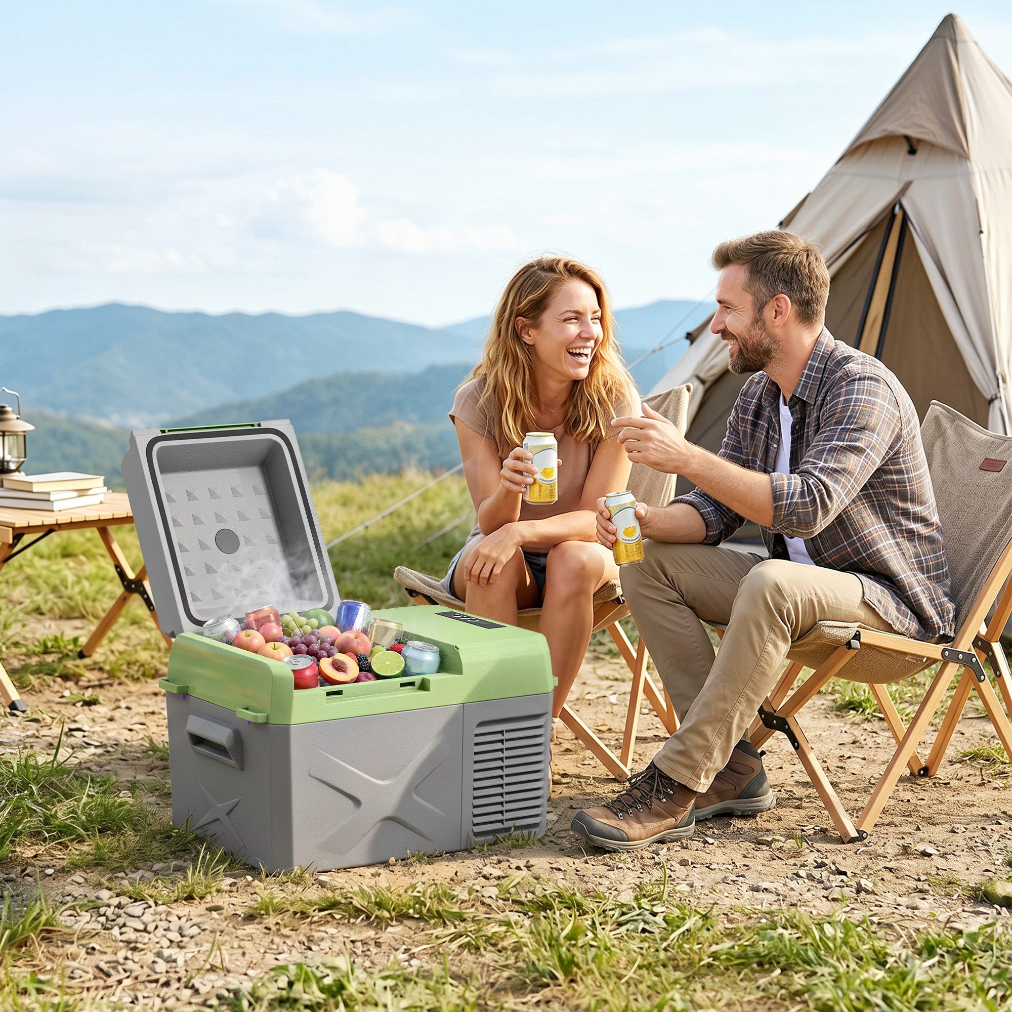 Outsunny Kühlbox 12 Liter, mit Anschluss, Kühlhaltefunktion, 12 l, für Auto Steckdose LKW Camping Boot Grau+Grün
