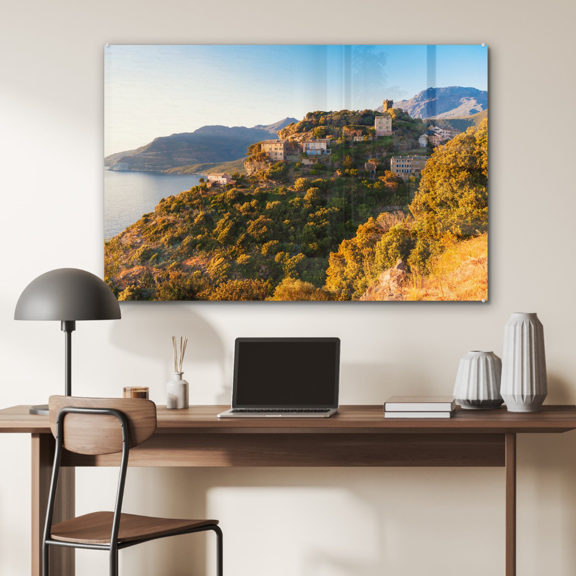Acrylglasbilder MuchoWow Dorf Korsika Wohnzimmer (1 auf St), Sonnenuntergang, Acrylglasbild Schlafzimmer & bei