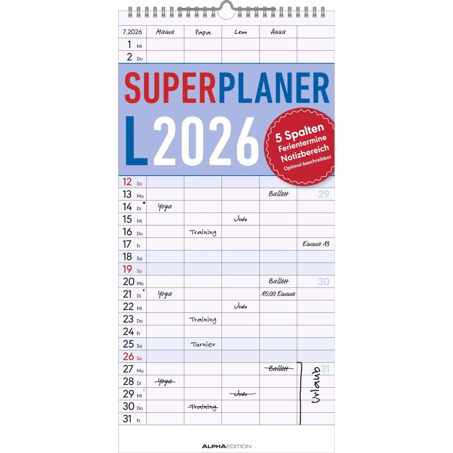 NEUMANN Wandkalender Superplaner L 2026 5 Spalten - Familien-Timer 22x45 cm -...
