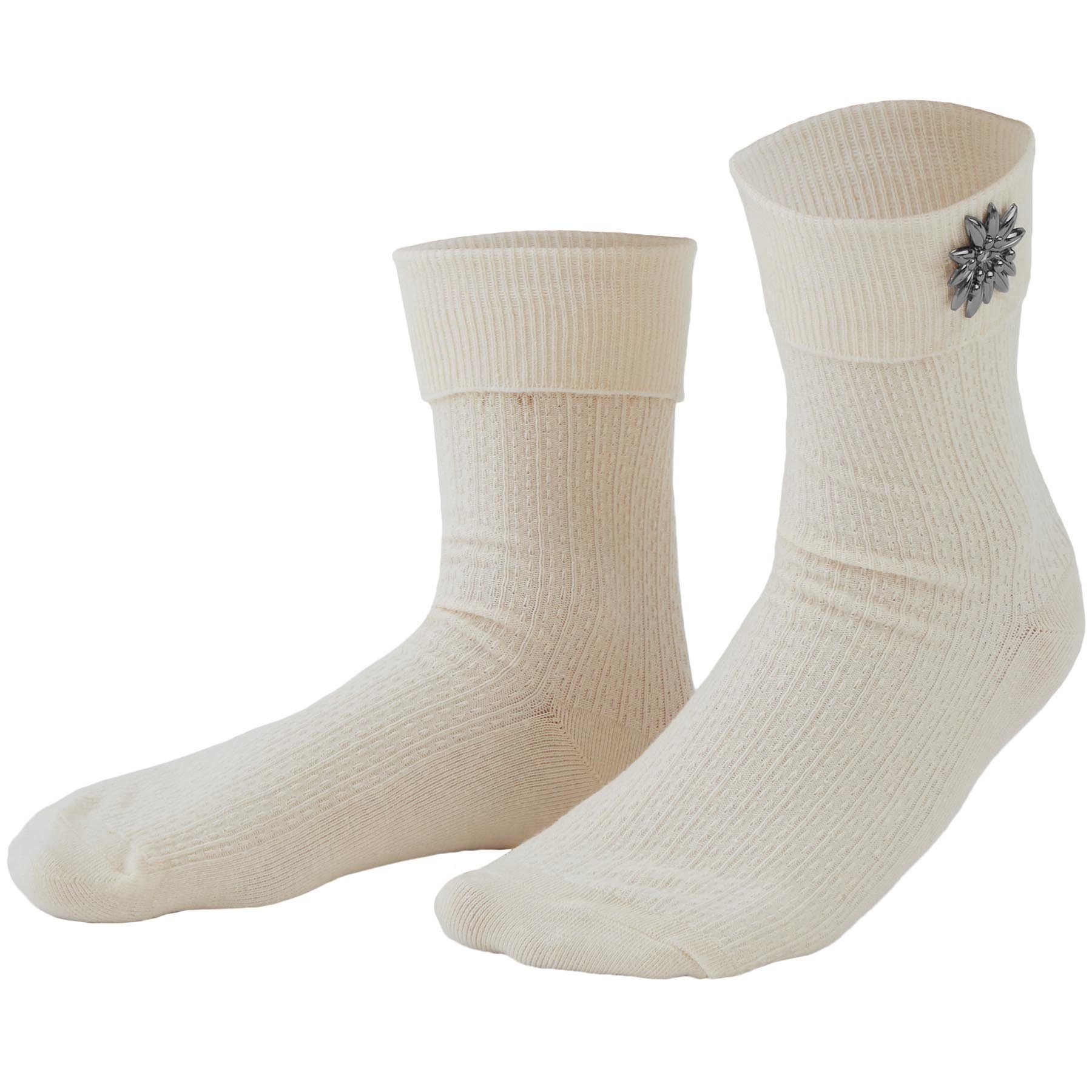 dressforfun Trachtensocken Kurze Oktoberfeststrümpfe mit Muster und Metall-Edelweißblüten (Bayerische Strümpfe, in beige) Leichtes Tragegefühl, glatte Ferse/Sohle, gute Passform, Umschlagbund