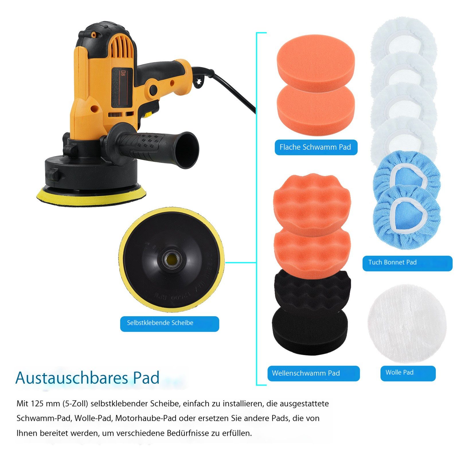 GARRYFIZH Poliermaschine Poliermaschine Autopoliermaschine, 600 min. U/min, 3700 max. U/min, (Set, Polierzubehör), 15-teiliges Set Einstellbare Geschwindigkeit Zusätzliches Gamepad