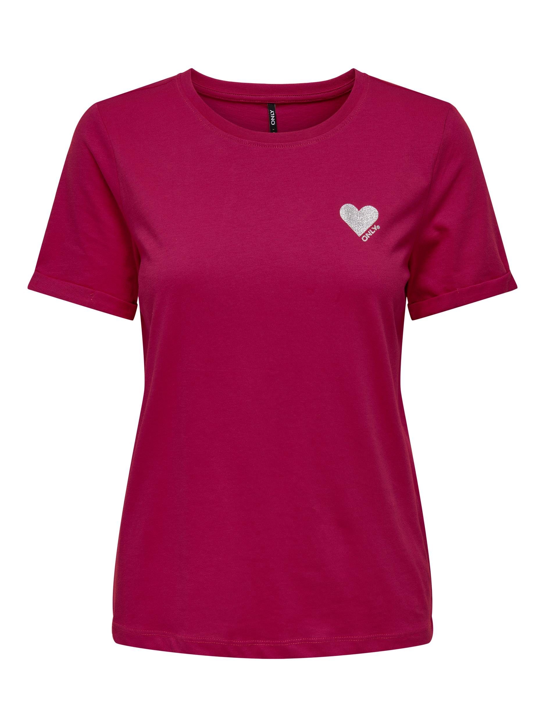 TOP T-Shirt LOGO ONLY NOOS Cerise HEART S/S Print:SILVER ONLKITA GLITTER