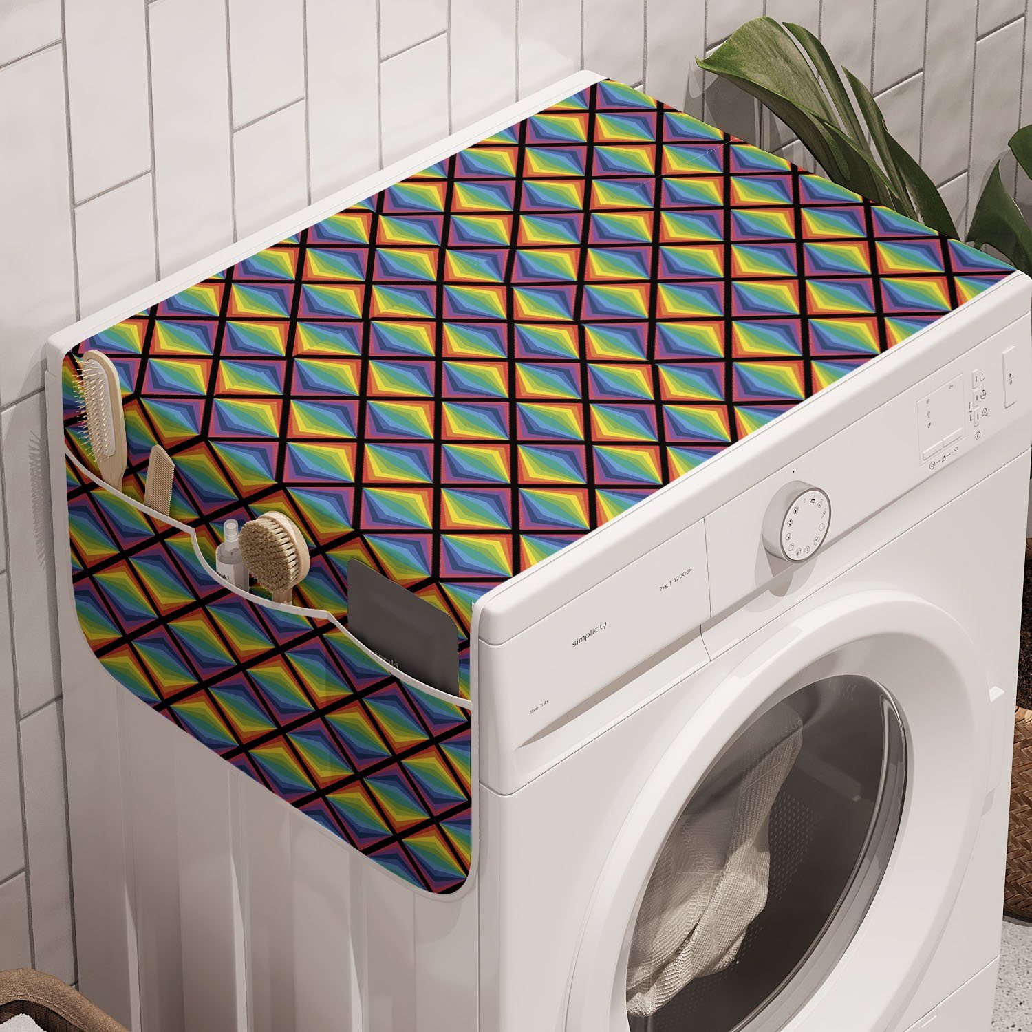 Abakuhaus Badorganizer Anti-Rutsch-Stoffabdeckung für Waschmaschine und Trockner, Regenbogen Mehrfarbige Triangles Kunst
