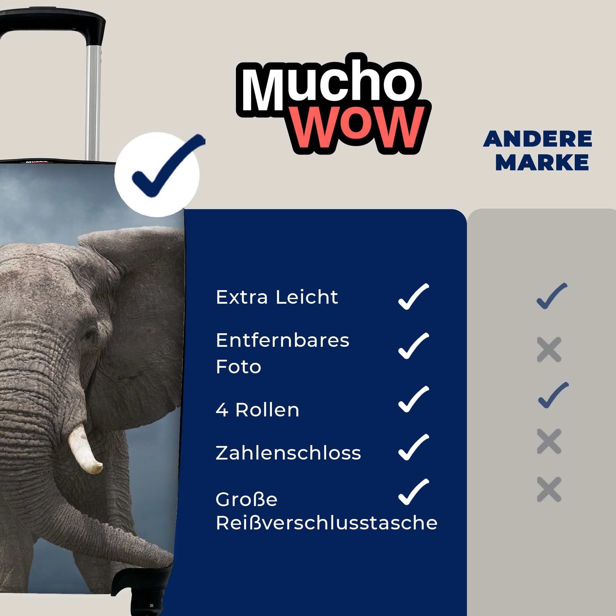 MuchoWow Handgepäckkoffer Elefant - Wolken Trolley, 4 Ferien, rollen, Reisetasche - Tiere Rollen, Reisekoffer Natur, mit Handgepäck - für