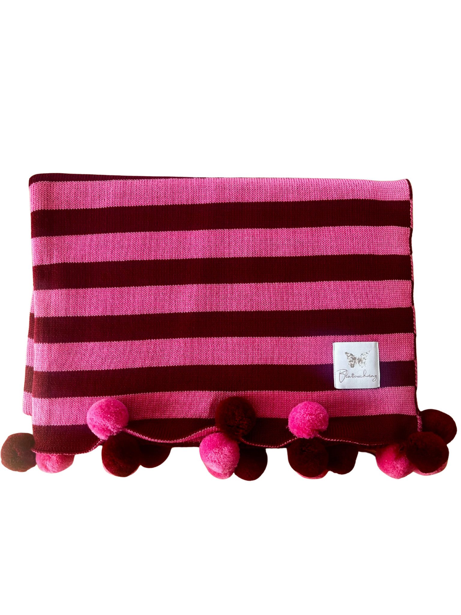 Babydecke Merino gestreift mit Pom Pom 75x100cm, Blätterschming, Decke für Kinderwagen, Schlafdecke, Geschenk zur Geburt & Taufe