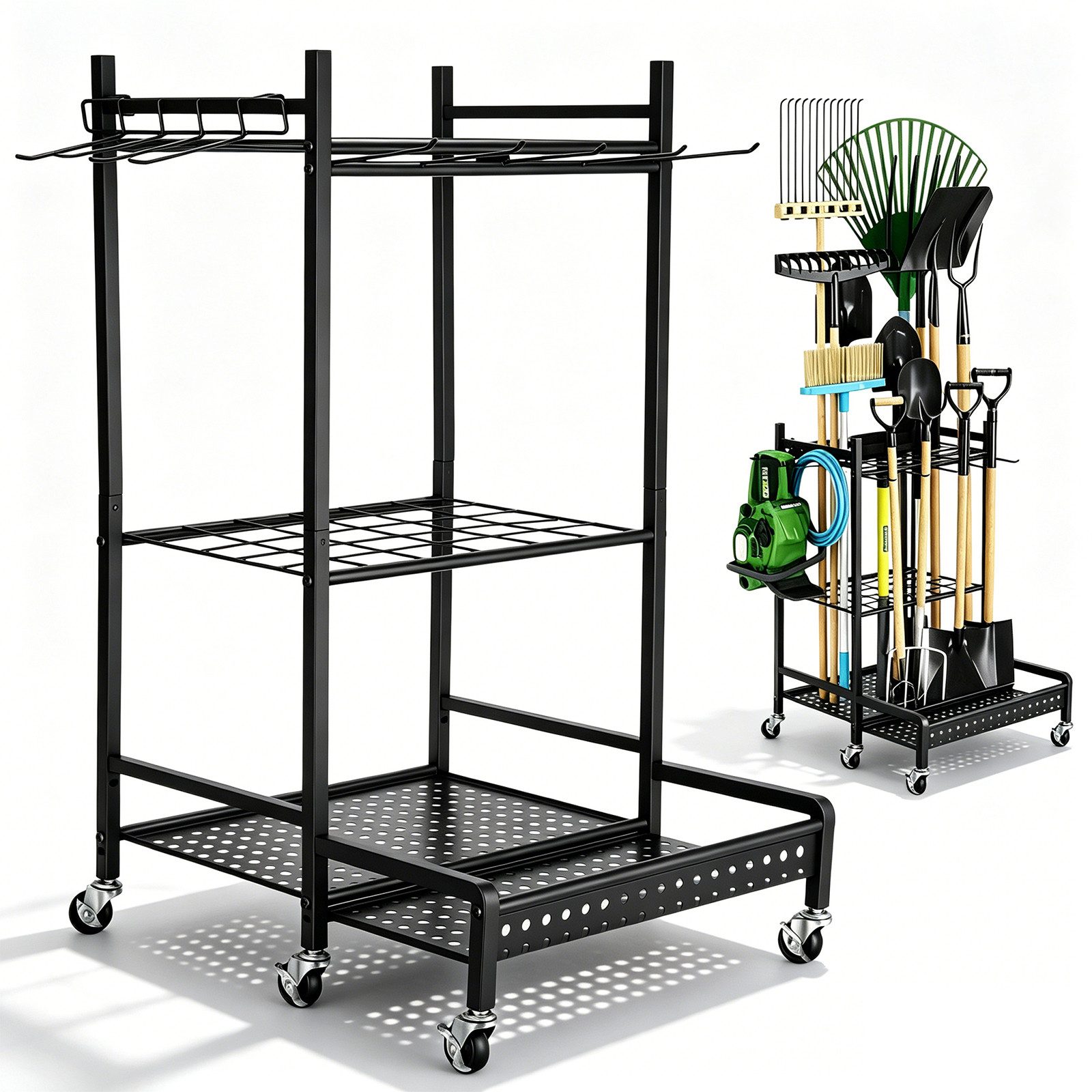 LEMLIT Gartengerätehalter Gartenwerkzeug Organizer Mit Rädern Und Haken, Metall, Schwarz, (1er Set, 1-tlg., Produktmaße: 49,8 x 42,9 x 77,9 cm, 30 kg Belastbar, Rostbeständig, Für Garage, Garten Und Schuppen)
