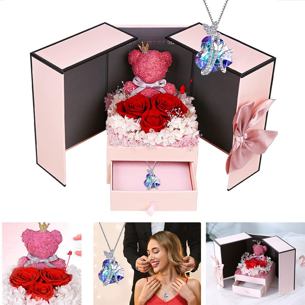 MOPUEA Schmuckset Schmuckset Ewige Rose mit Moosbär & Herz-Halskette in Geschenkbox (Geschenkset konservierte Rosen und Moosbär, Herzförmiges Arrangement mit 3 Rosen und Schmuckbox), Ewige Rosen bis 3–5 Jahre, inkl Halskette, Geschenkbox